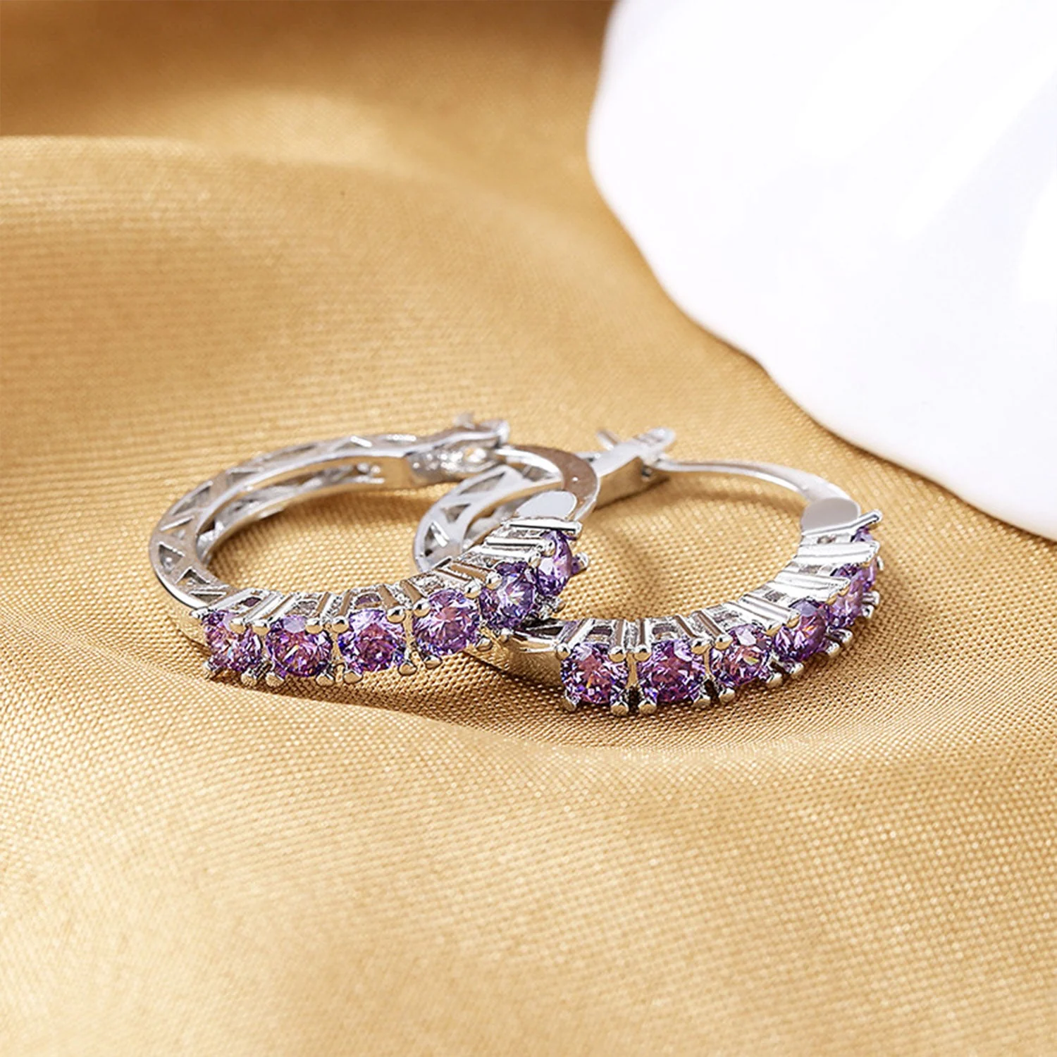 925 Sterling Silver Kids Rhinestone Hoop Earrings - Image 3