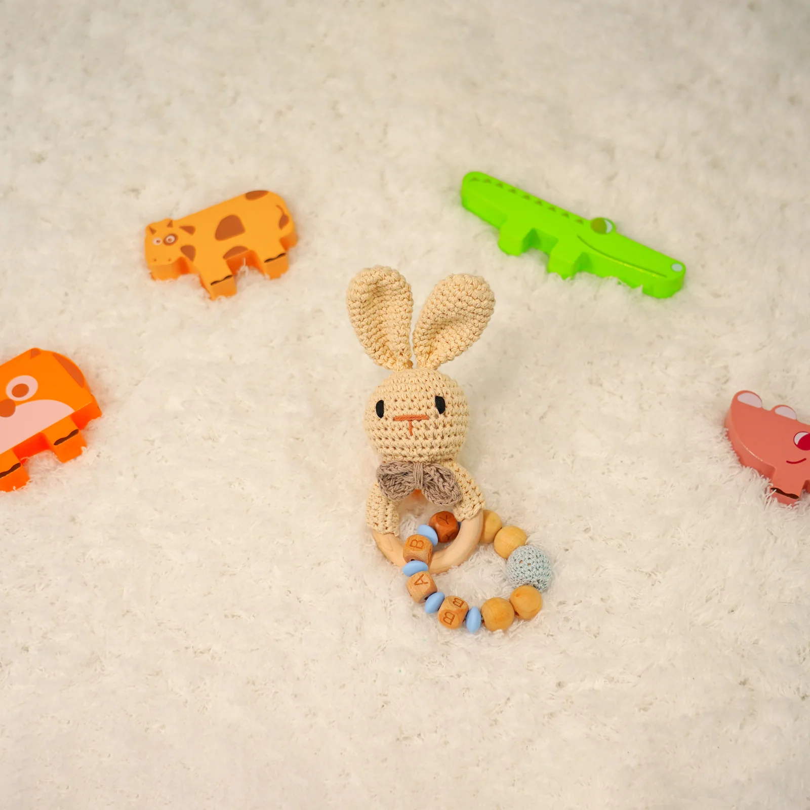 Baby Rattle Blue Rabbit Toy with Wooden Teeth Ring Bracelet Style - Image 4