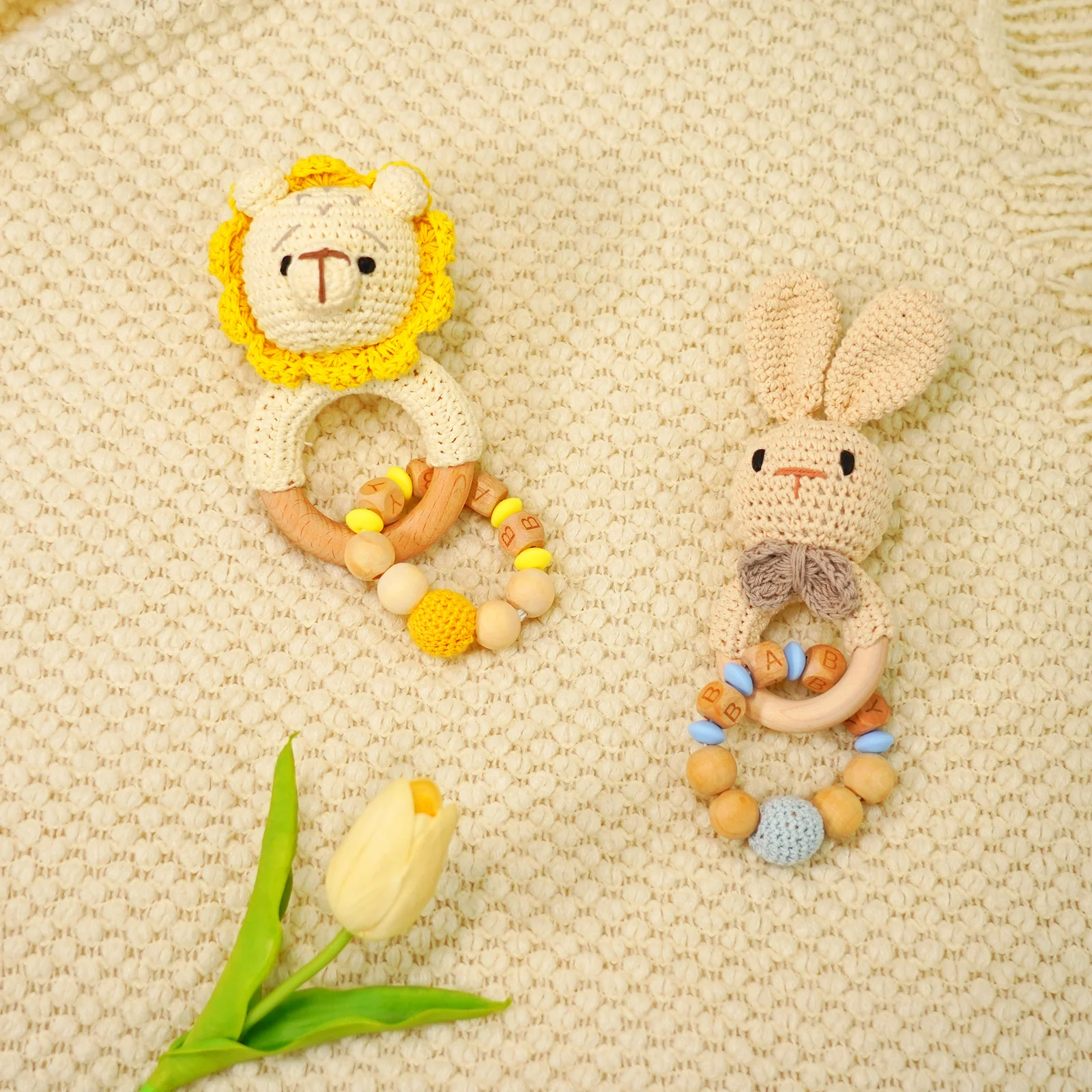 Baby Rattle Blue Rabbit Toy with Wooden Teeth Ring Bracelet Style - Image 5