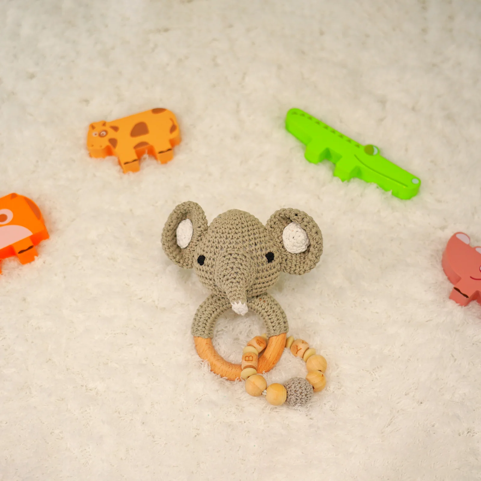 Baby Rattle Elephant Toy with Wooden Teeth Ring Bracelet Style - Image 4