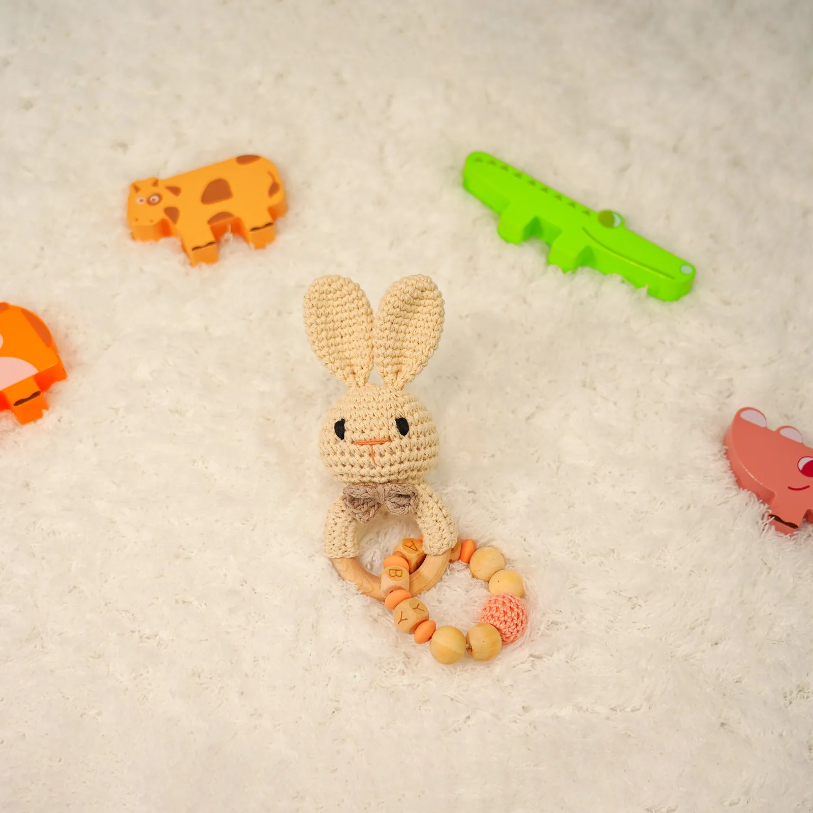 Baby Rattle Pink Rabbit Toy with Wooden Teeth Ring Bracelet Style - Image 4