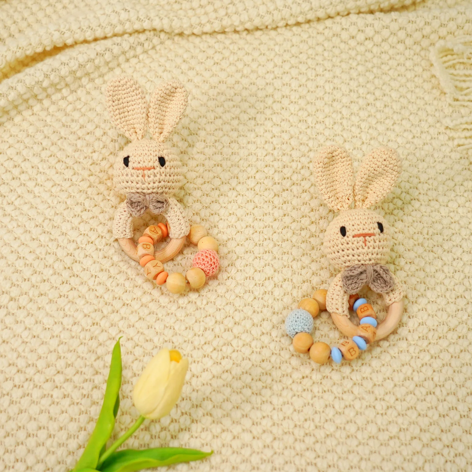 Baby Rattle Pink Rabbit Toy with Wooden Teeth Ring Bracelet Style - Image 5