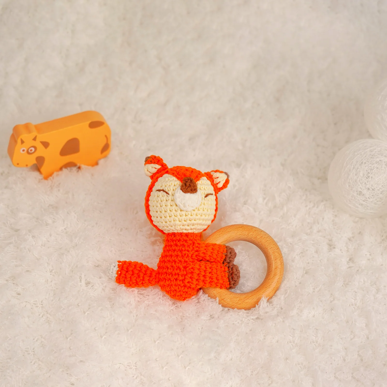 Baby Rattle Shaker Fox Toy with Wooden Teething Ring - Image 3