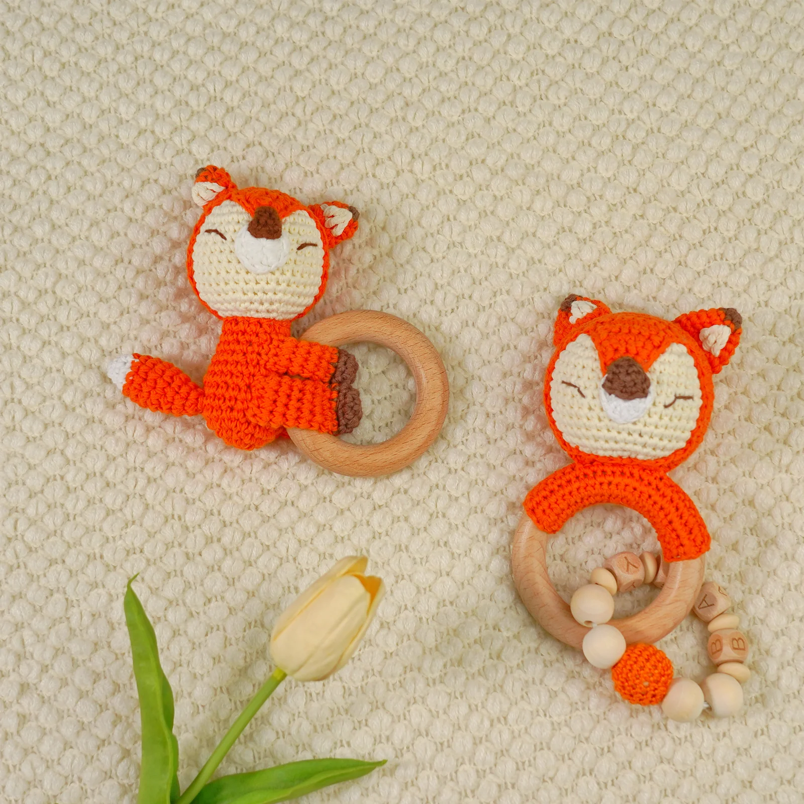 Baby Rattle Shaker Fox Toy with Wooden Teething Ring - Image 5