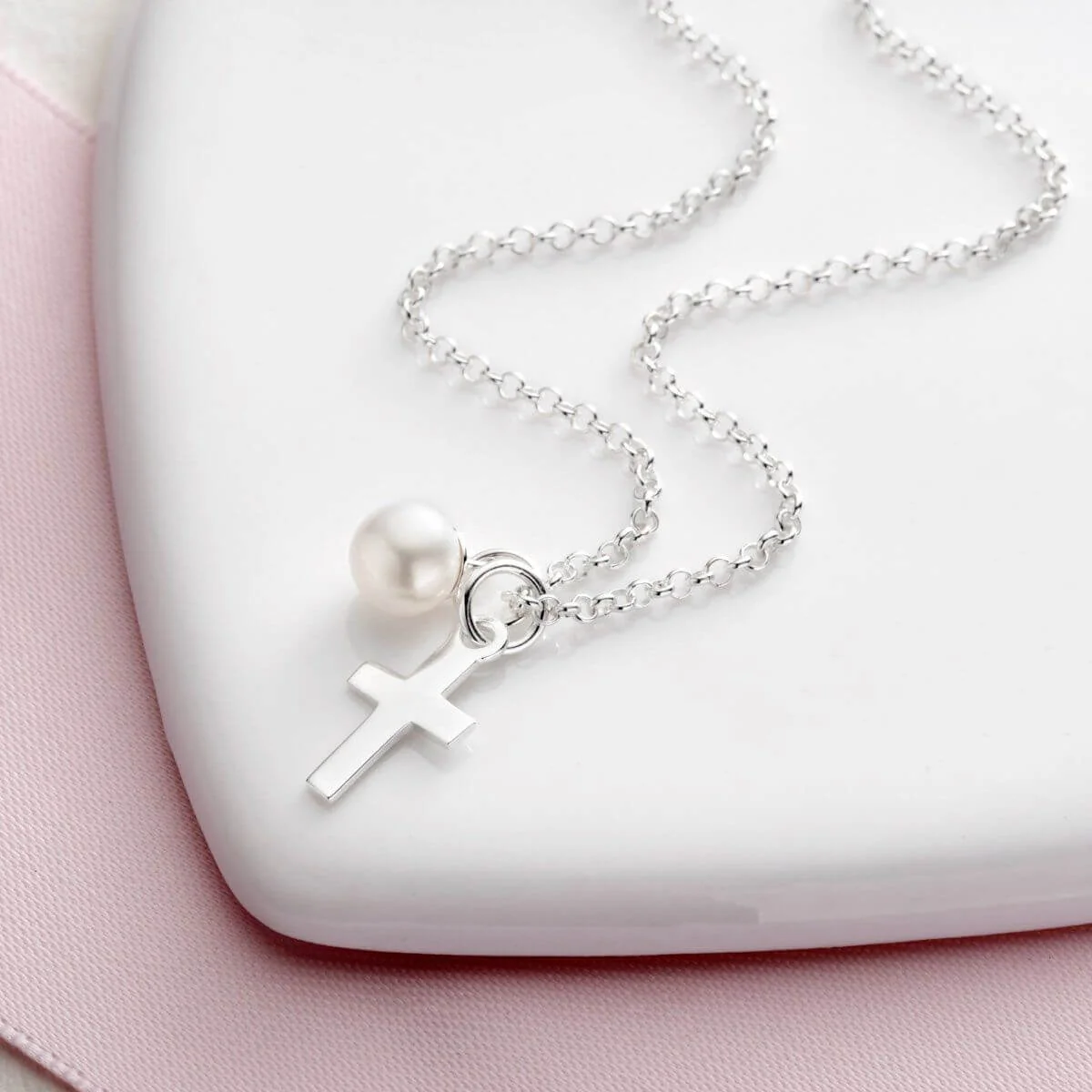 Cross and Pearl Childrens Initial Necklace - Image 4