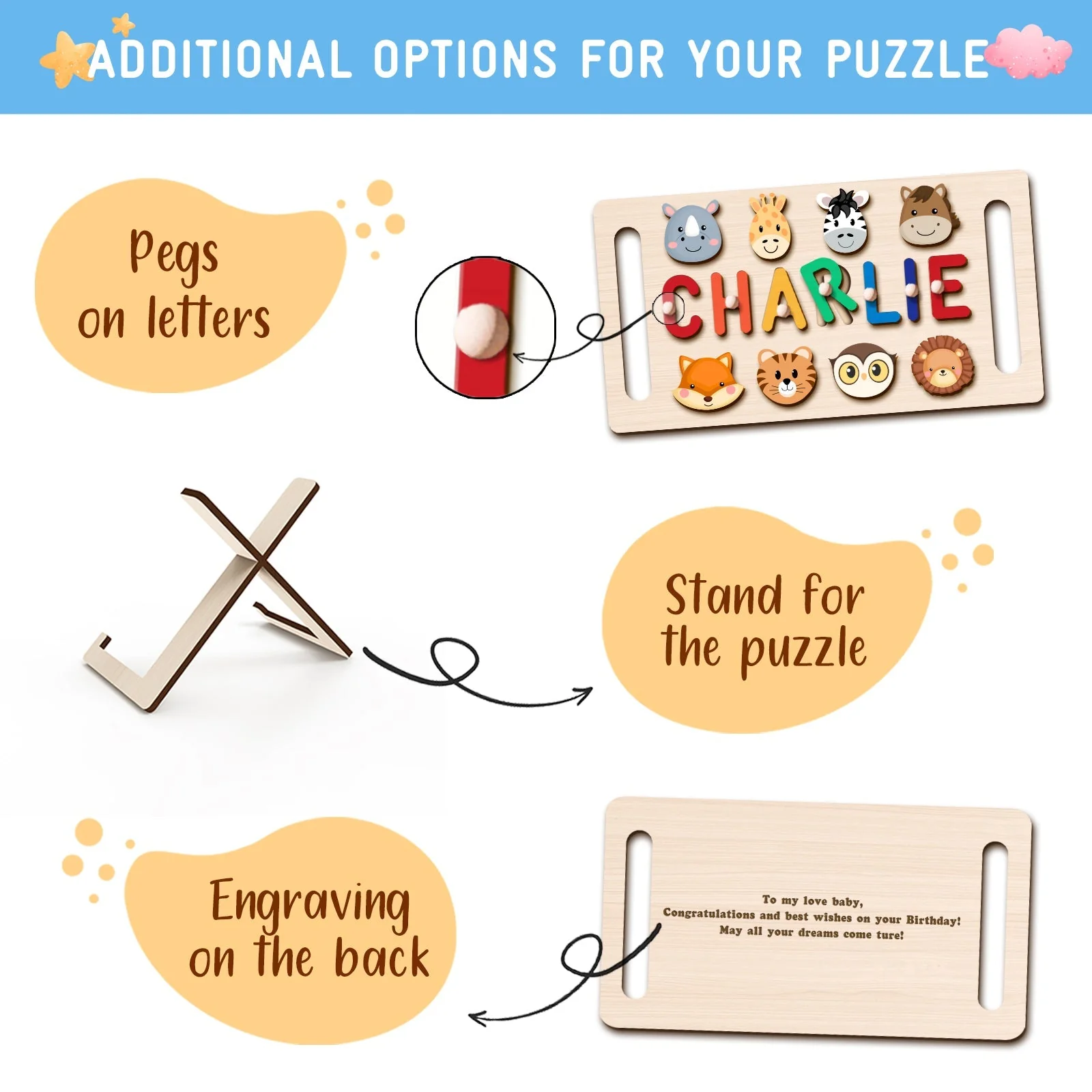Personalized Wooden Baby Name Puzzle with Handle - Image 9