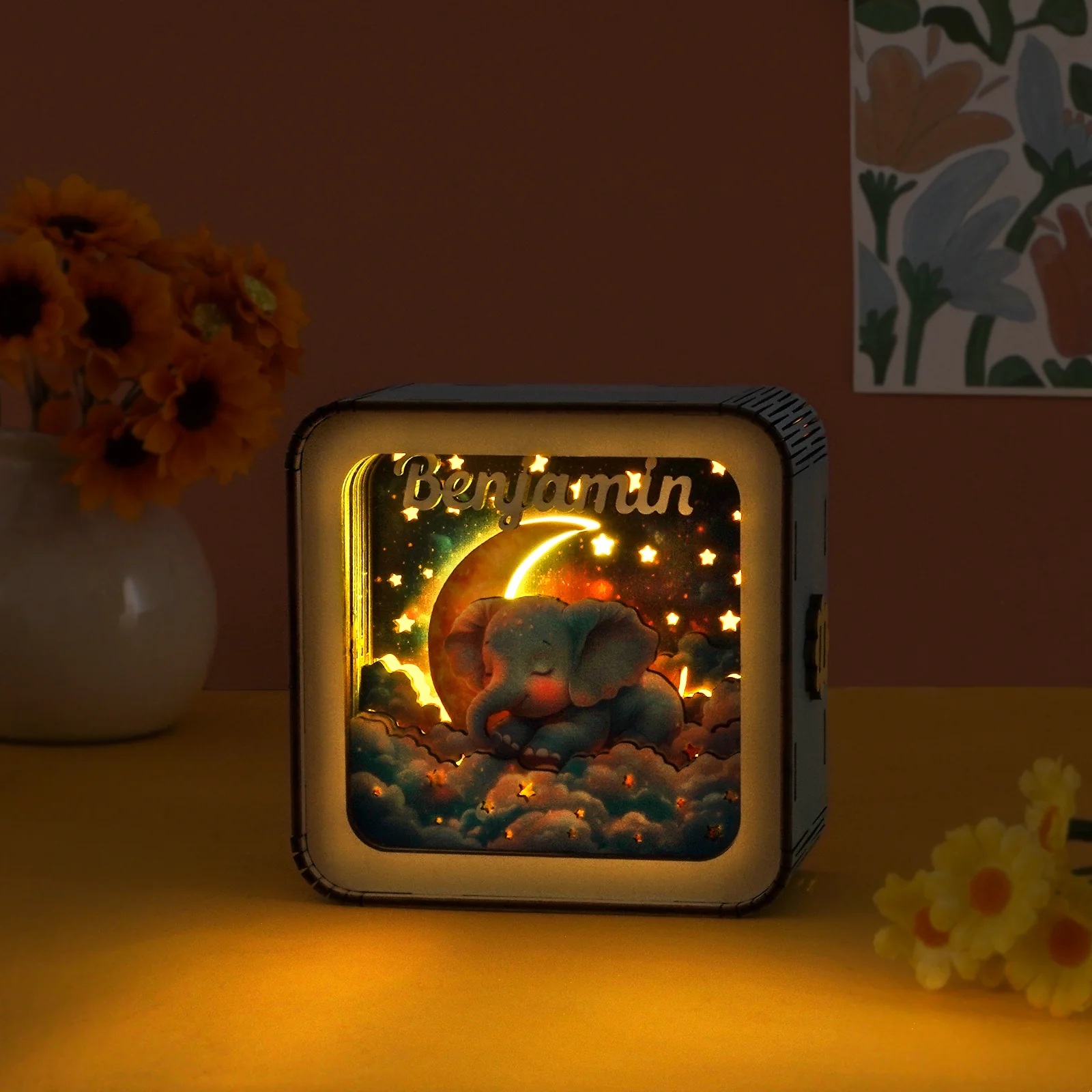 Personalized 3D Wooden Puzzle Baby Night Light - Elephant Design - Image 3