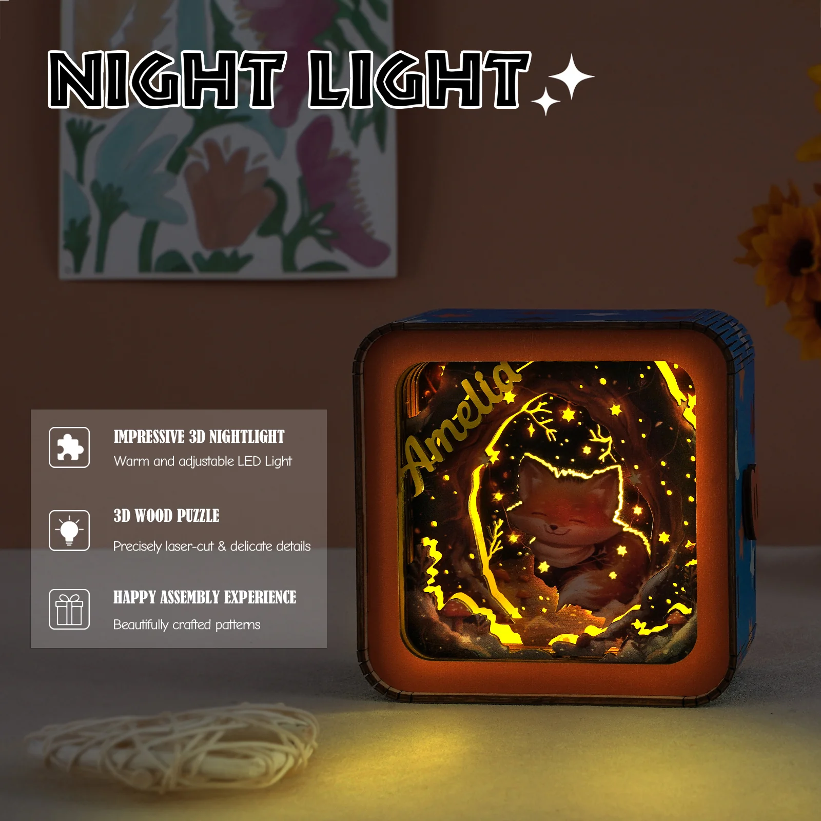 Personalized 3D Wooden Puzzle Baby Night Light - Elephant Design - Image 5