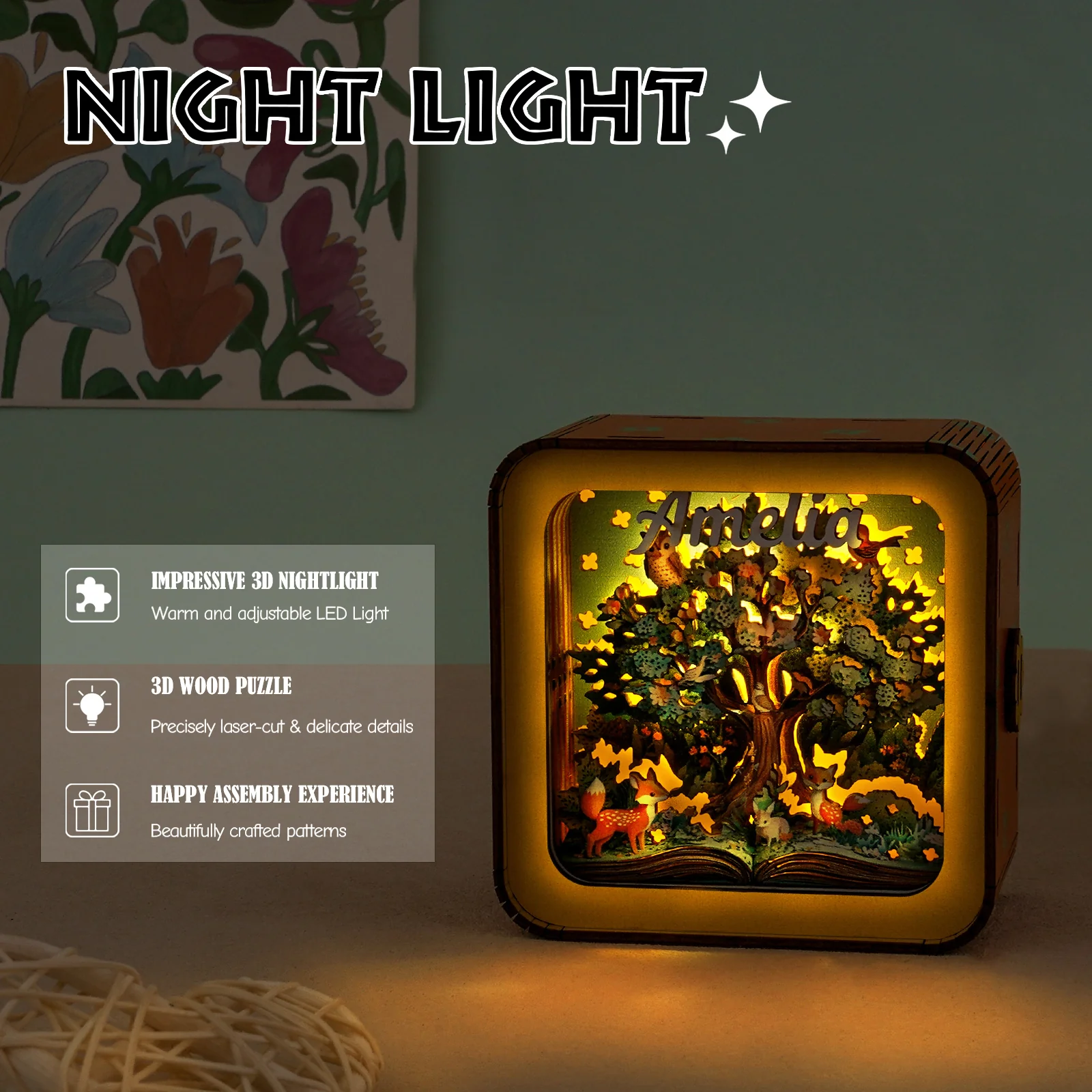 Personalized 3D Wooden Puzzle Baby Night Light - Forest Tree - Image 5