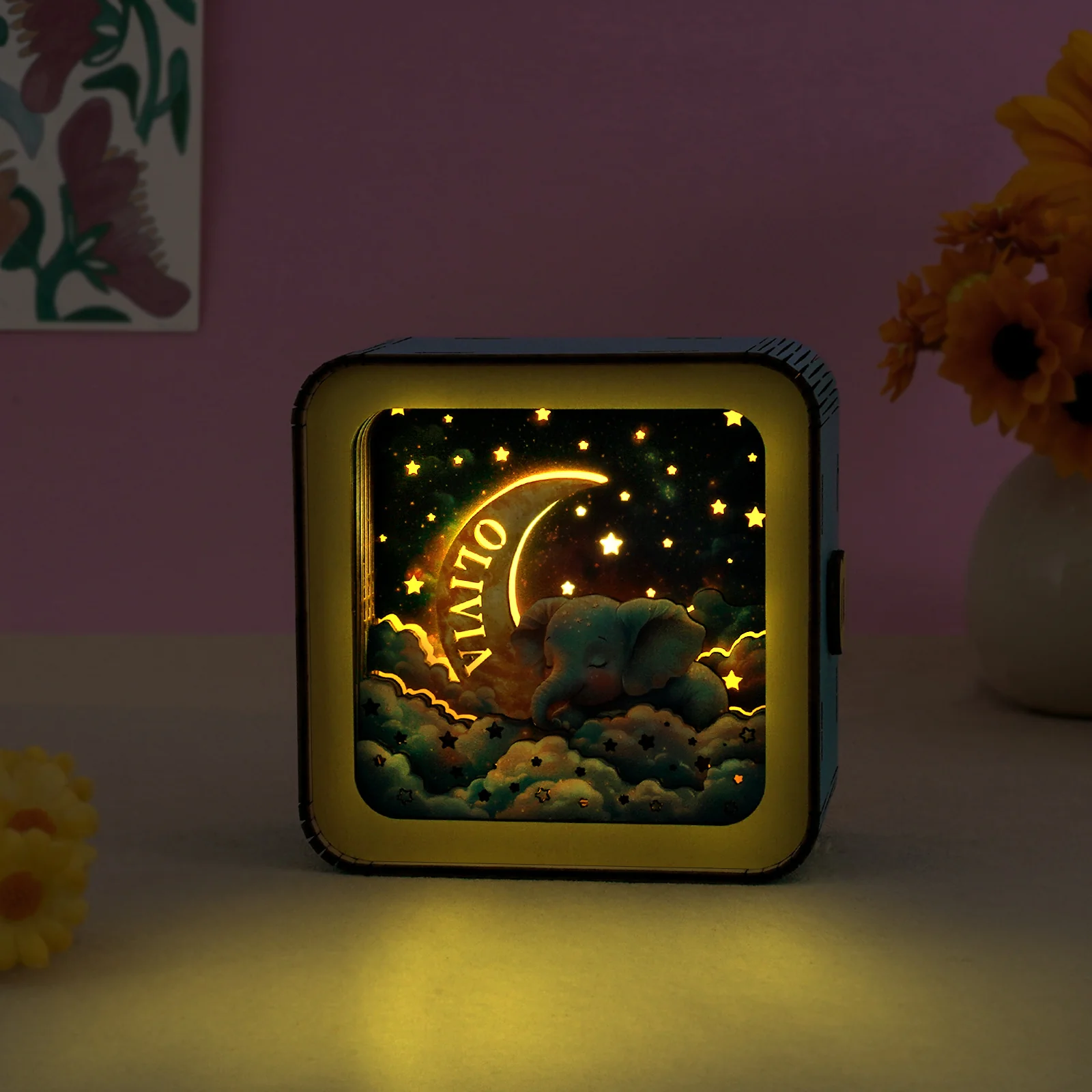 Personalized 3D Wooden Puzzle Baby Night Light - Sleeping Elephant & Moon - Image 3
