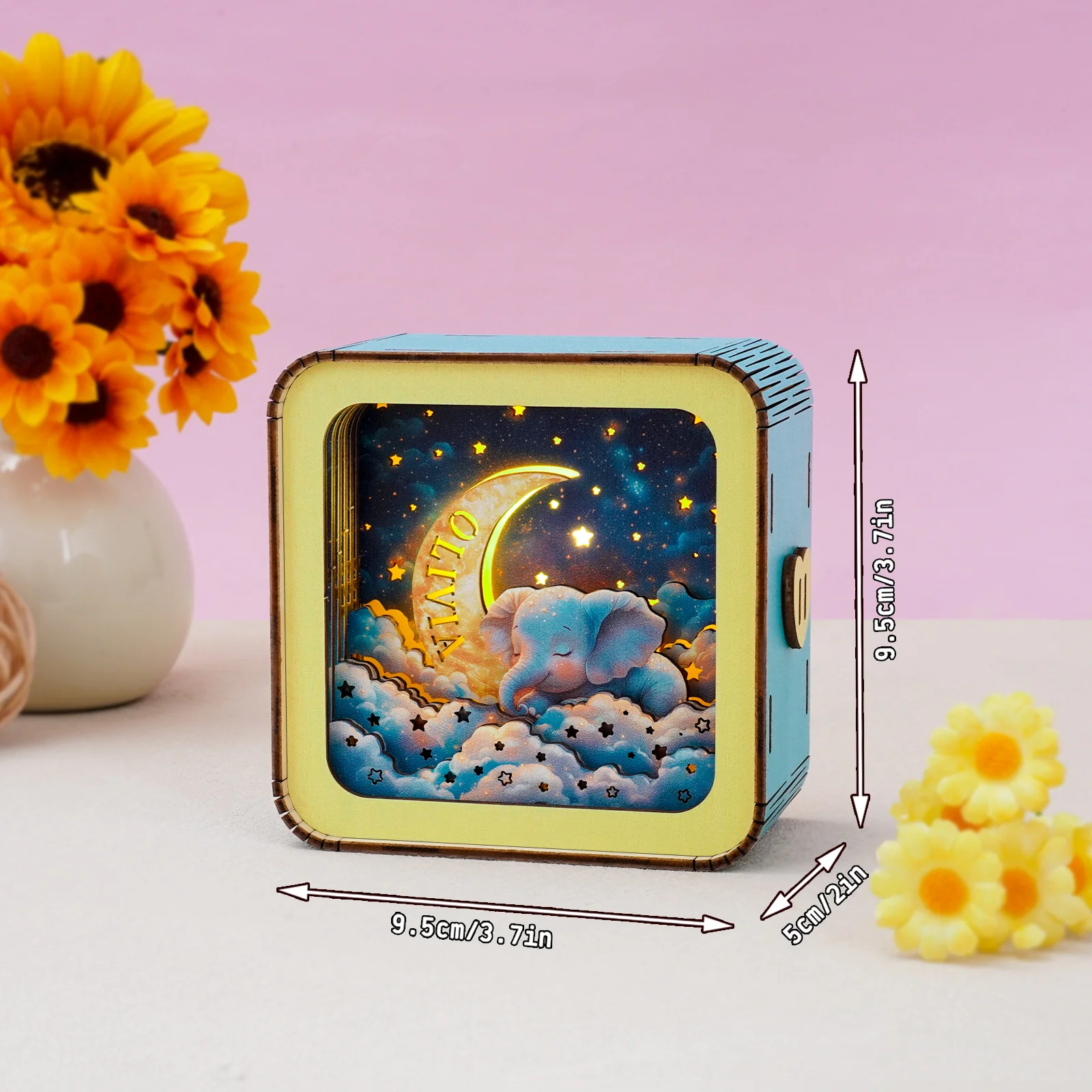 Personalized 3D Wooden Puzzle Baby Night Light - Sleeping Elephant & Moon - Image 4