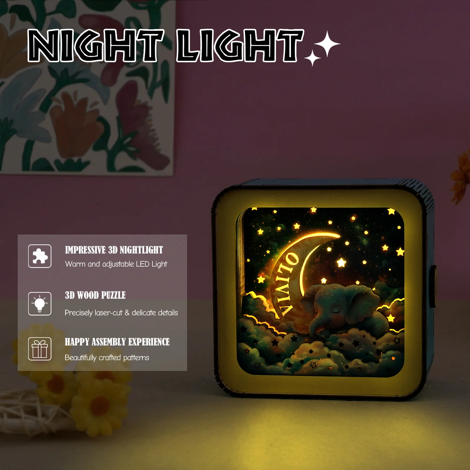 Personalized 3D Wooden Puzzle Baby Night Light - Sleeping Elephant & Moon - Image 5