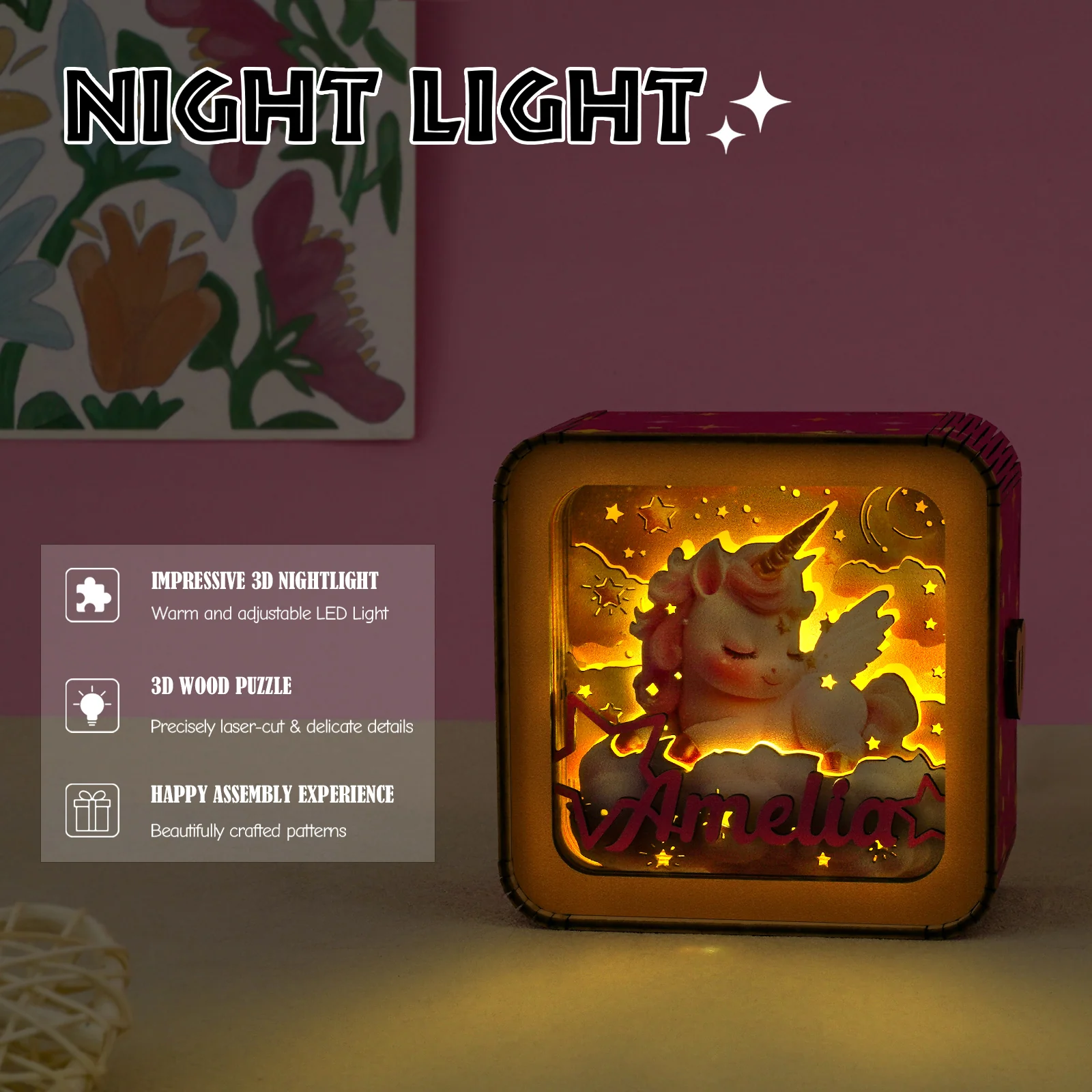 Personalized 3D Wooden Puzzle Baby Night Light - Unicorn - Image 5