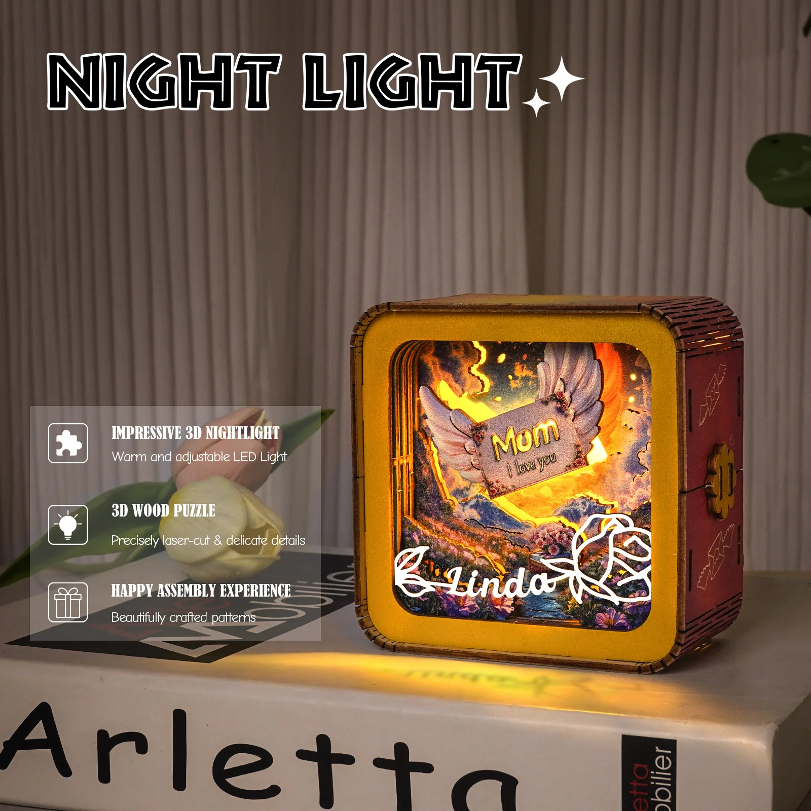 Personalized 3D Wooden Puzzle Night Light – Angel Wings Mom Gift for Mother’s Day - Image 3