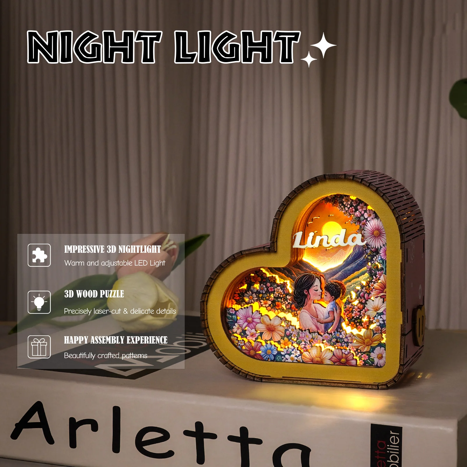 Personalized 3D Wooden Puzzle Night Light – Custom Name Mother’s Day Gift - Image 3