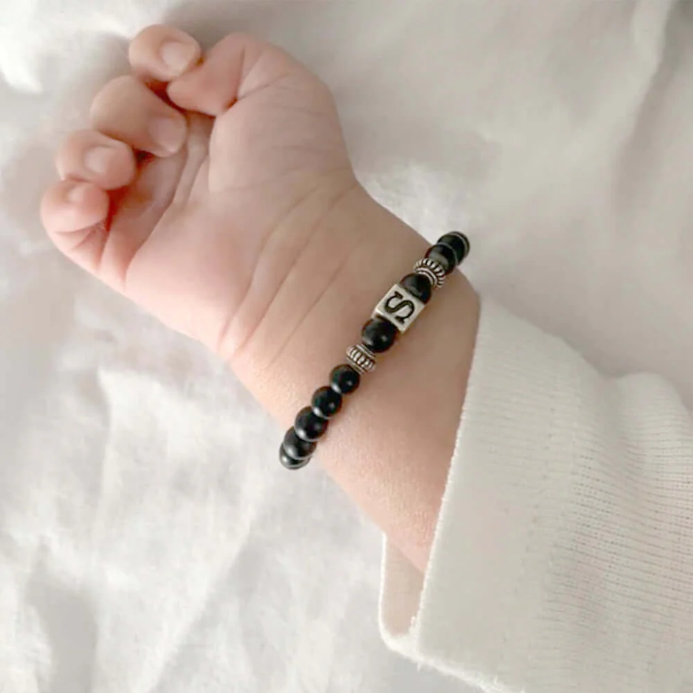 Personalized Baby Boy Onyx Bracelet with a Initial Bead - Image 3