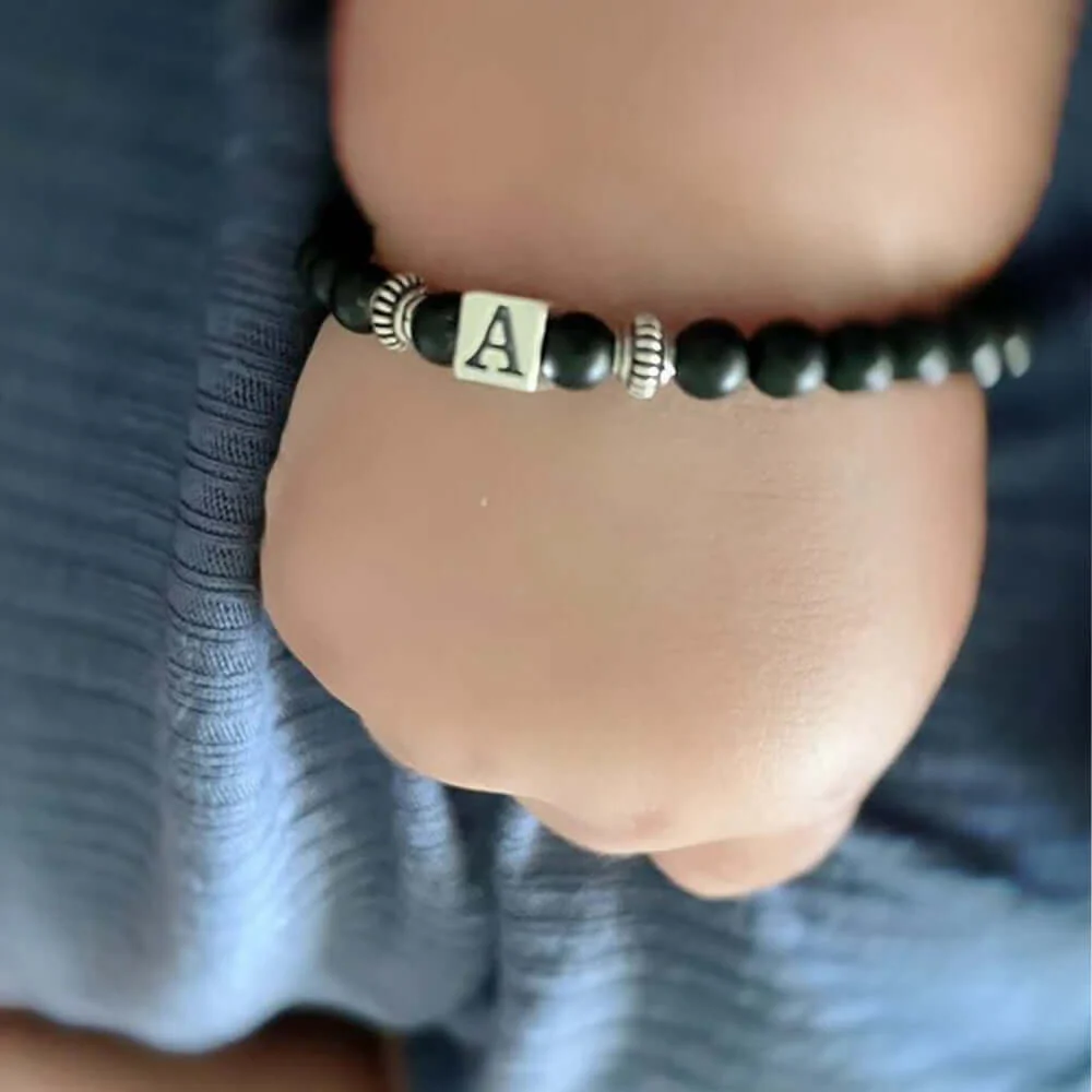 Personalized Baby Boy Onyx Bracelet with a Initial Bead - Image 4