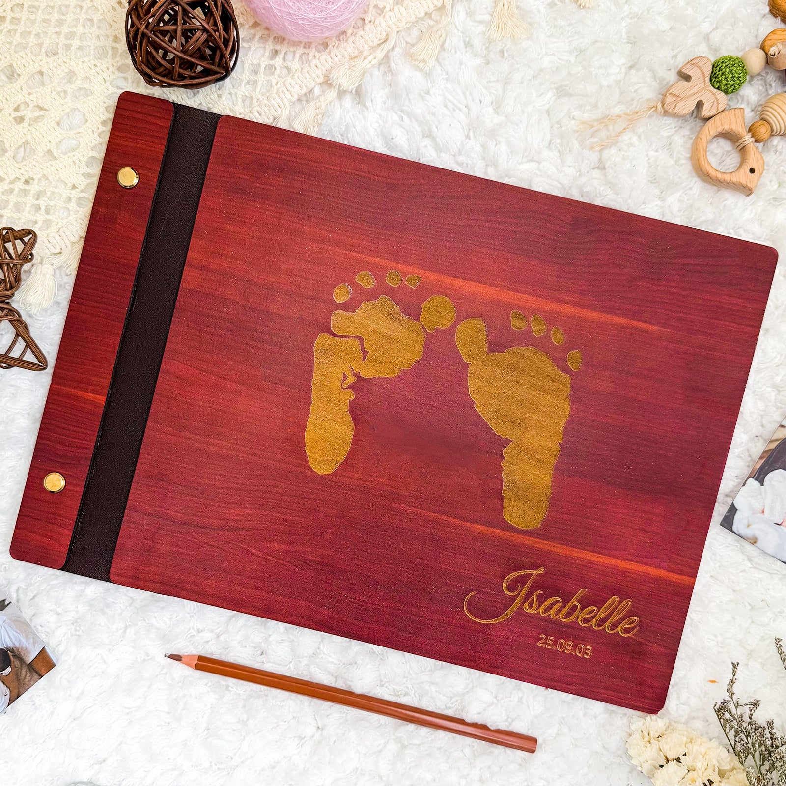 Personalized Baby Photo Album with Name & Birth Date – Wooden Footprint Design - Image 3