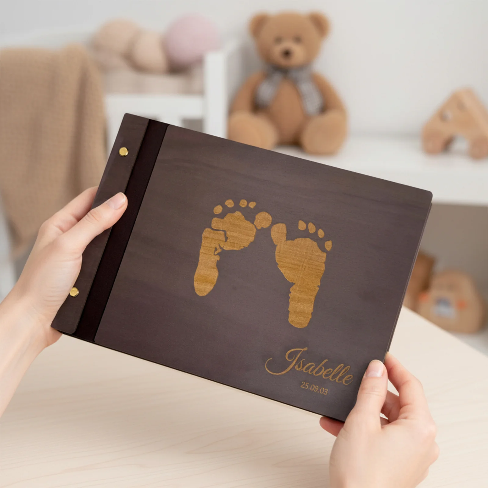 Personalized Baby Photo Album with Name & Birth Date – Wooden Footprint Design - Image 5