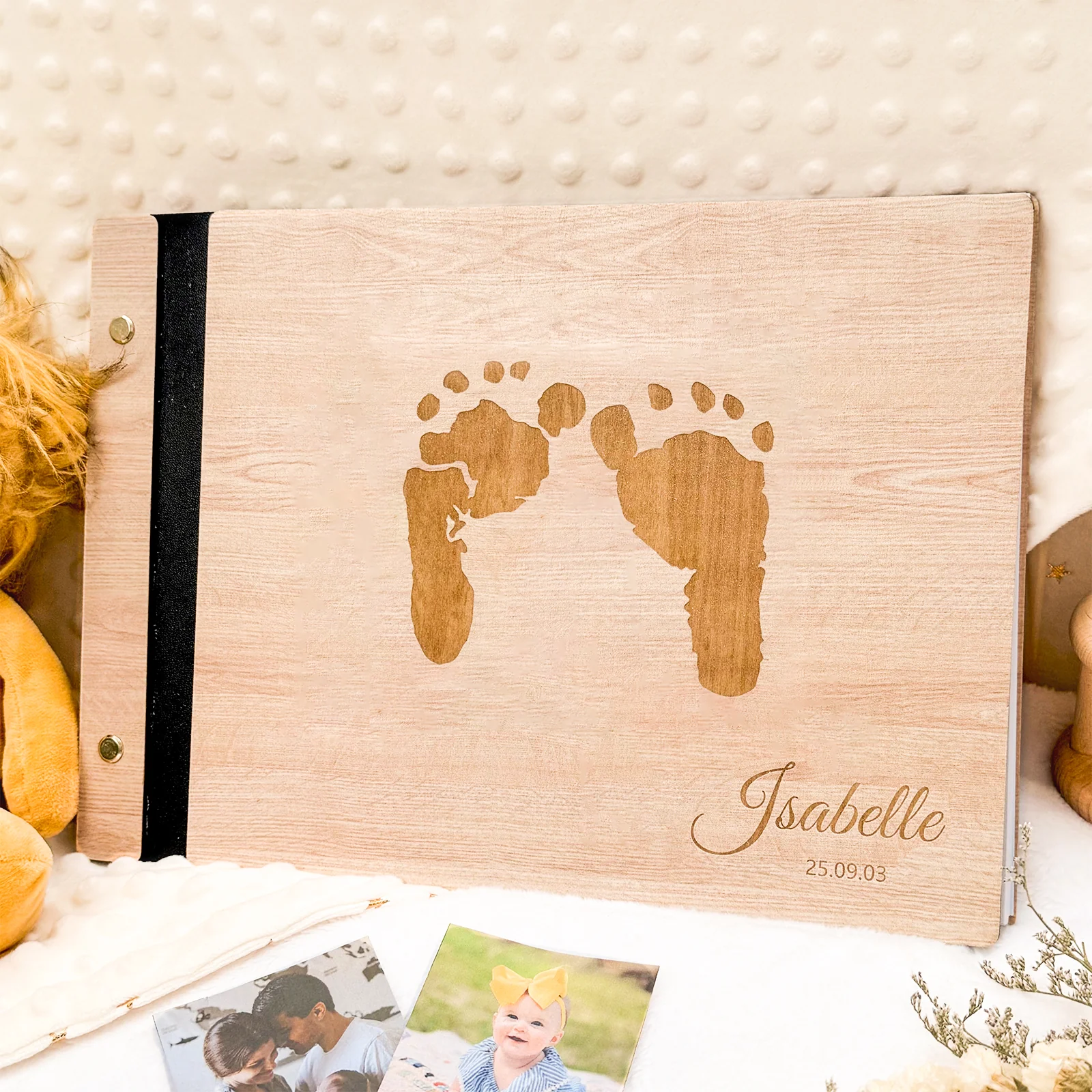 Personalized Baby Photo Album with Name & Birth Date – Wooden Footprint Design - Image 7
