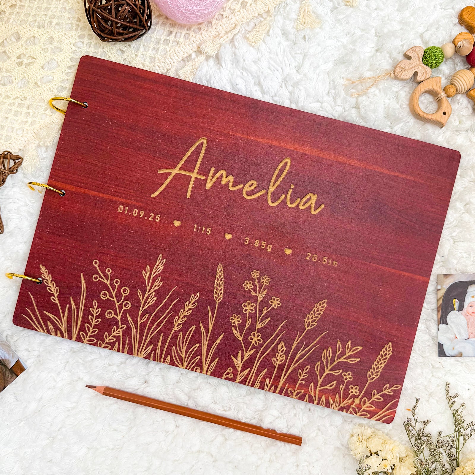 Personalized Wooden Baby Photo Album – Baby’s Name & Birth Information Engraved - Image 3