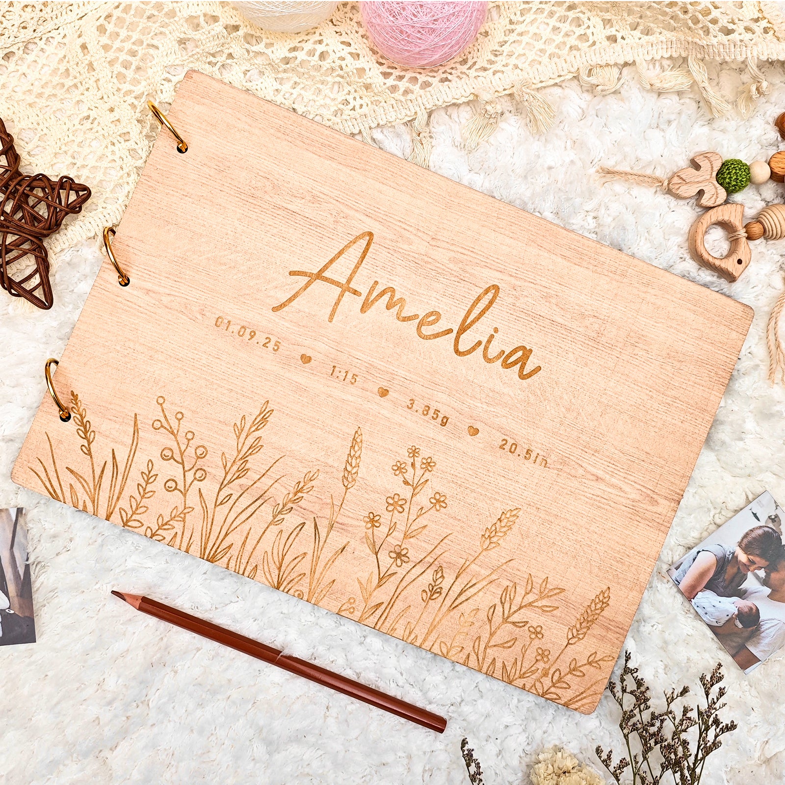 Personalized Wooden Baby Photo Album – Baby’s Name & Birth Information Engraved - Image 5
