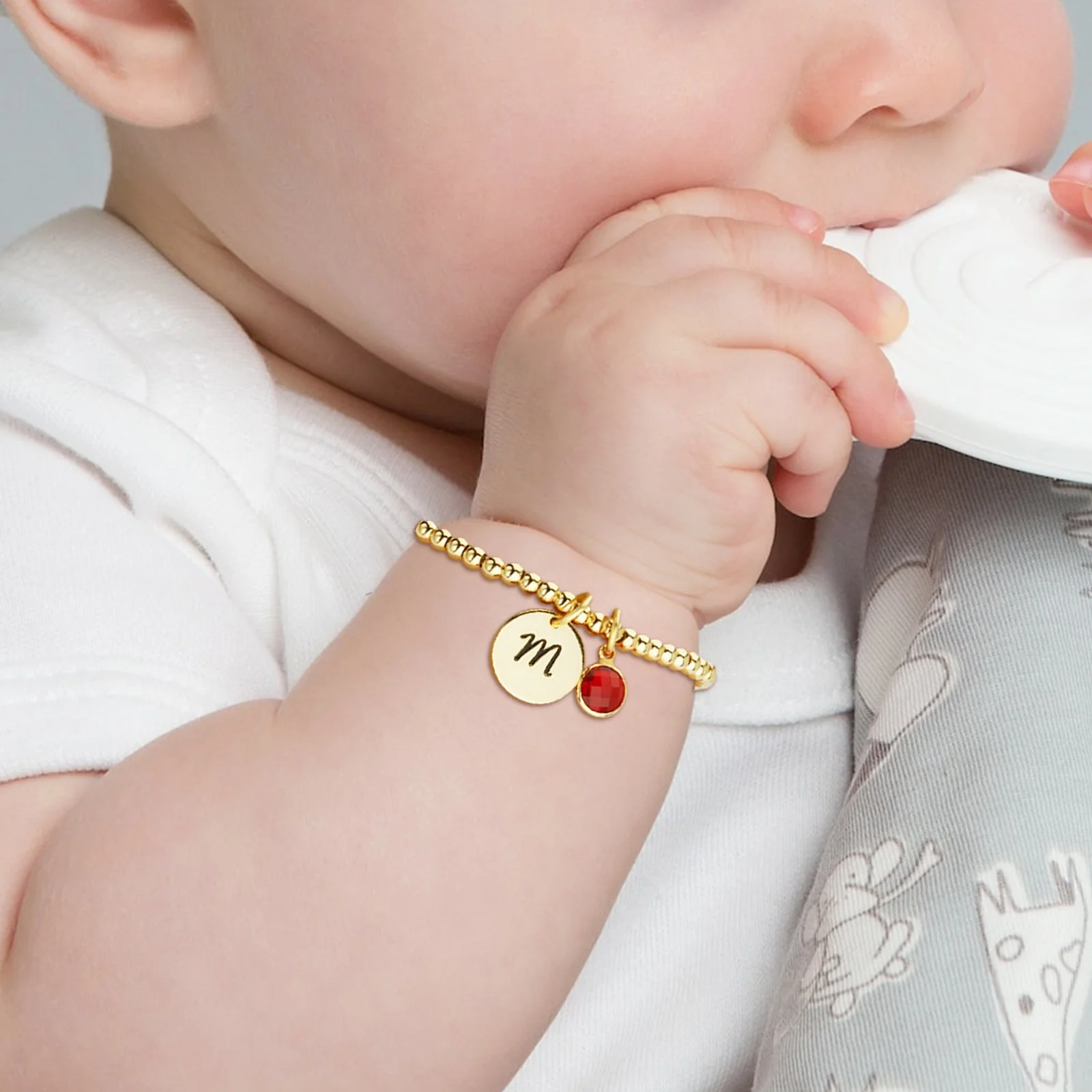 Personalized Disc Letter and Birthstone Charm Kids Bracelet - Image 7