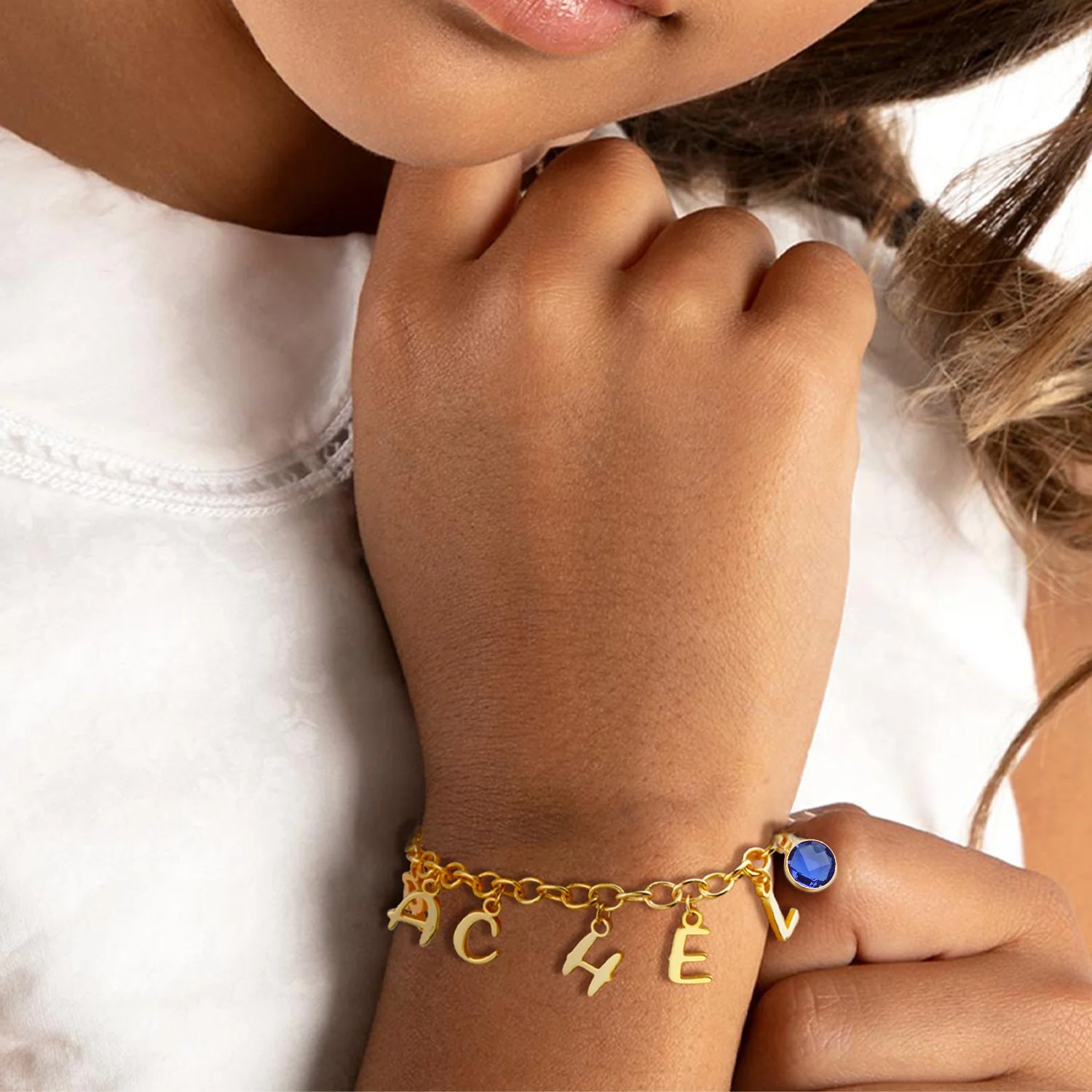 Personalized Kids Letters and Birthstone Pendant Bracelet - Image 6