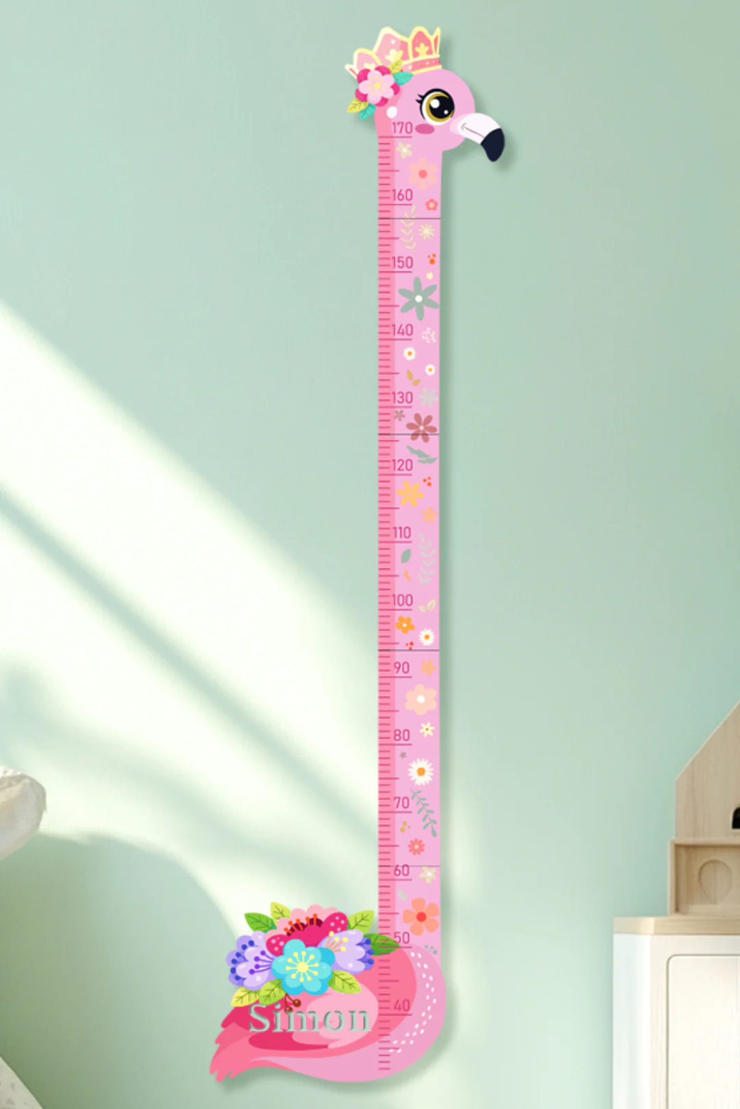 Personalized Pink Flower Flamingo Wooden Growth Chart for Kids