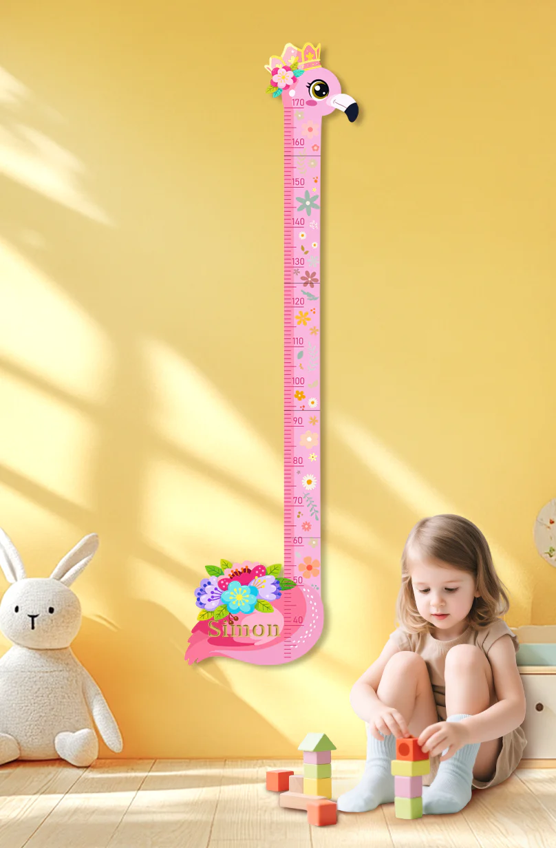 Personalized Pink Flower Flamingo Wooden Growth Chart for Kids - Image 2