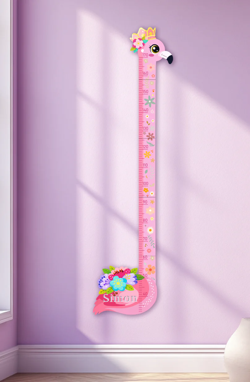 Personalized Pink Flower Flamingo Wooden Growth Chart for Kids - Image 3