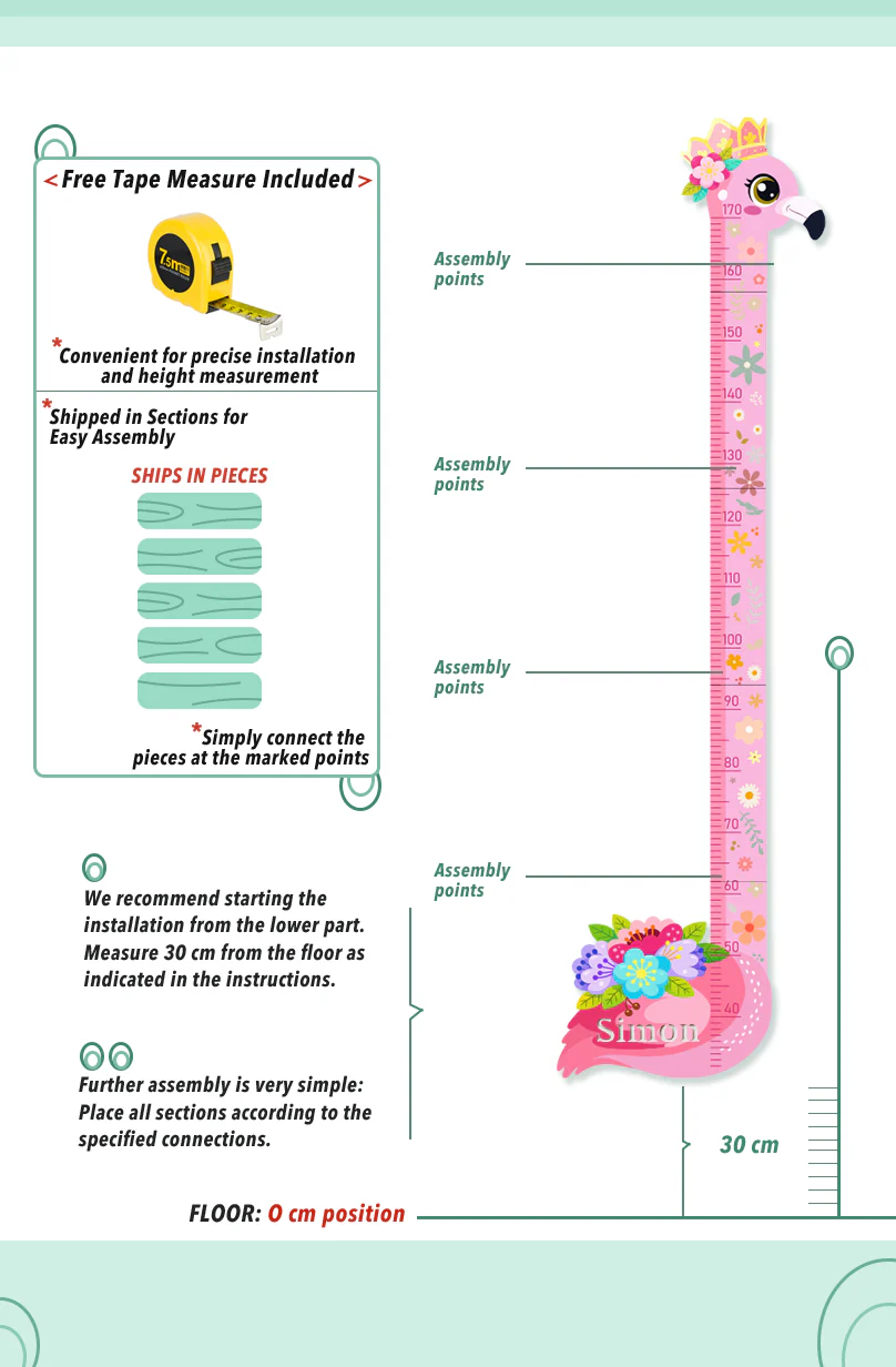 Personalized Pink Flower Flamingo Wooden Growth Chart for Kids - Image 4