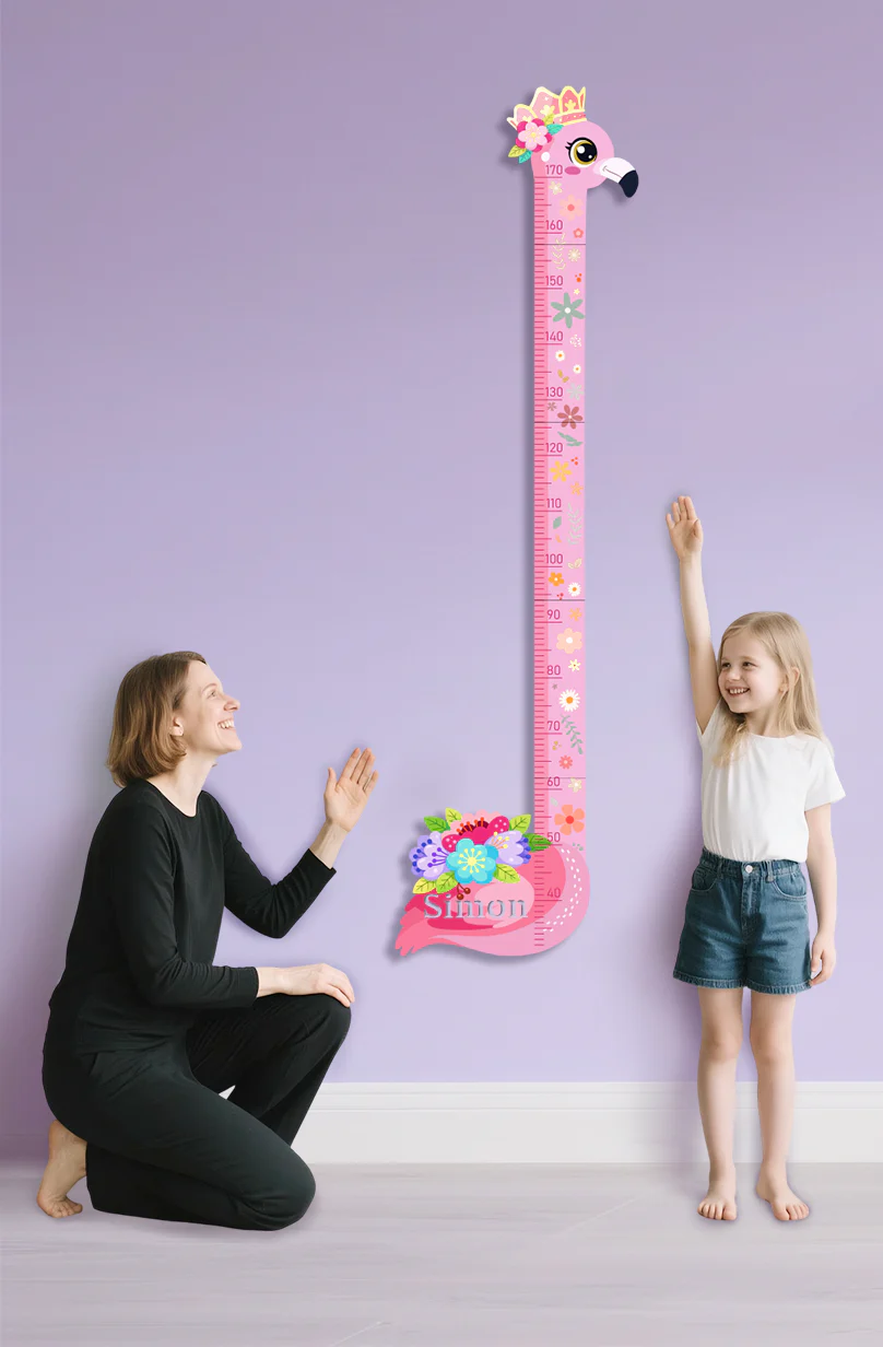 Personalized Pink Flower Flamingo Wooden Growth Chart for Kids - Image 9