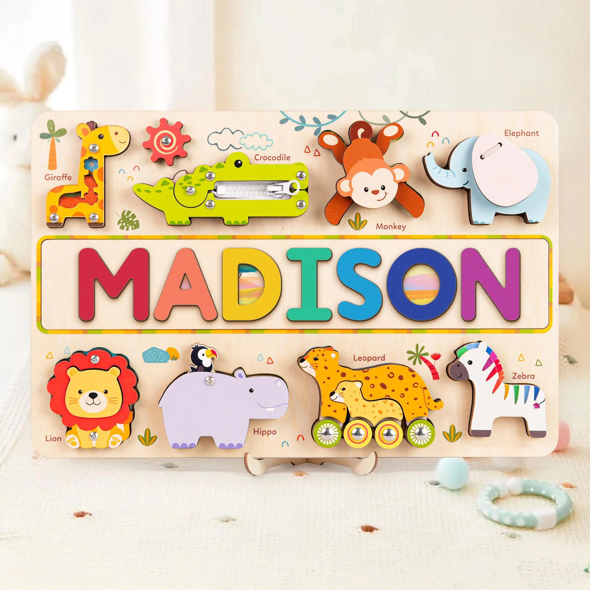 Personalized Wooden Animal Name Puzzle Busy Board