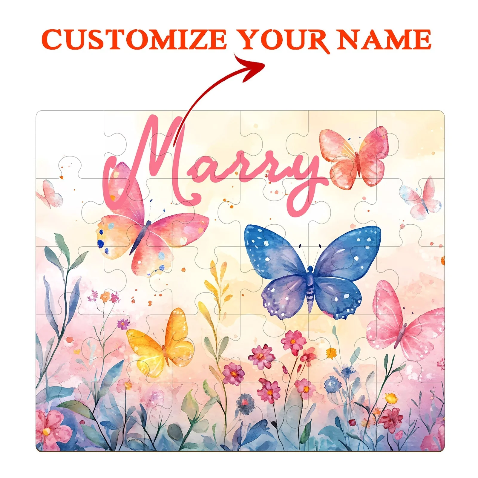 Personalized Wooden Baby Name Jigsaw Puzzle - Butterfly in the flowers - Image 2