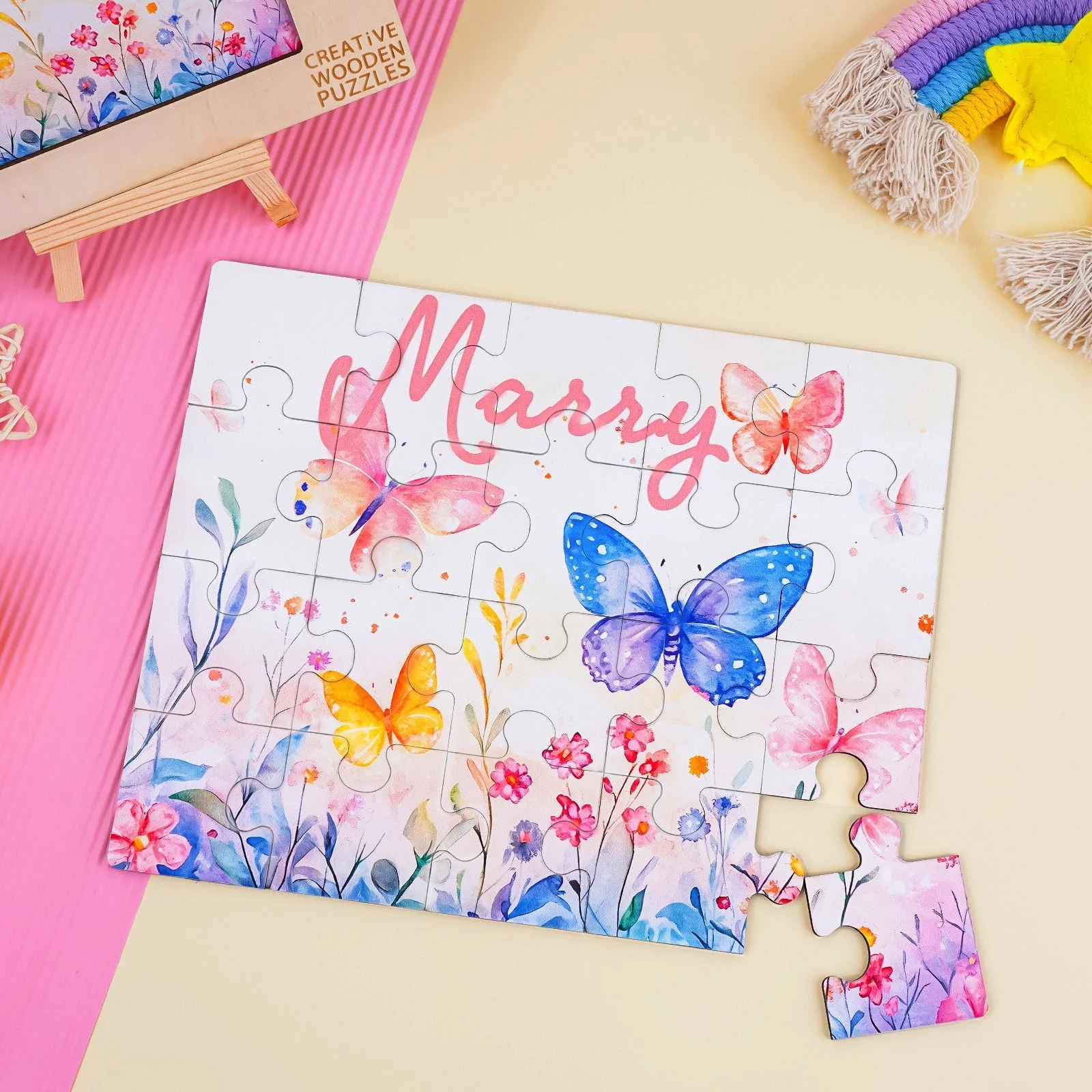 Personalized Wooden Baby Name Jigsaw Puzzle - Butterfly in the flowers - Image 3