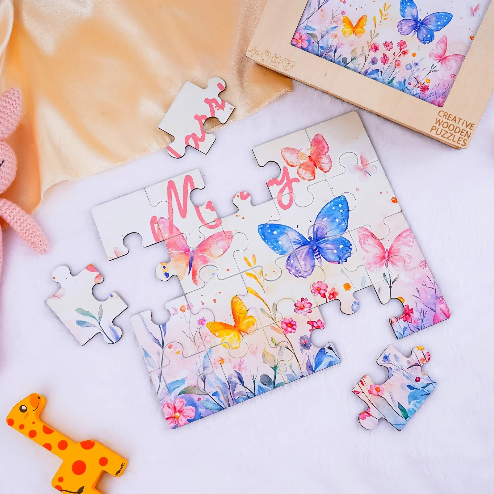 Personalized Wooden Baby Name Jigsaw Puzzle - Butterfly in the flowers - Image 4
