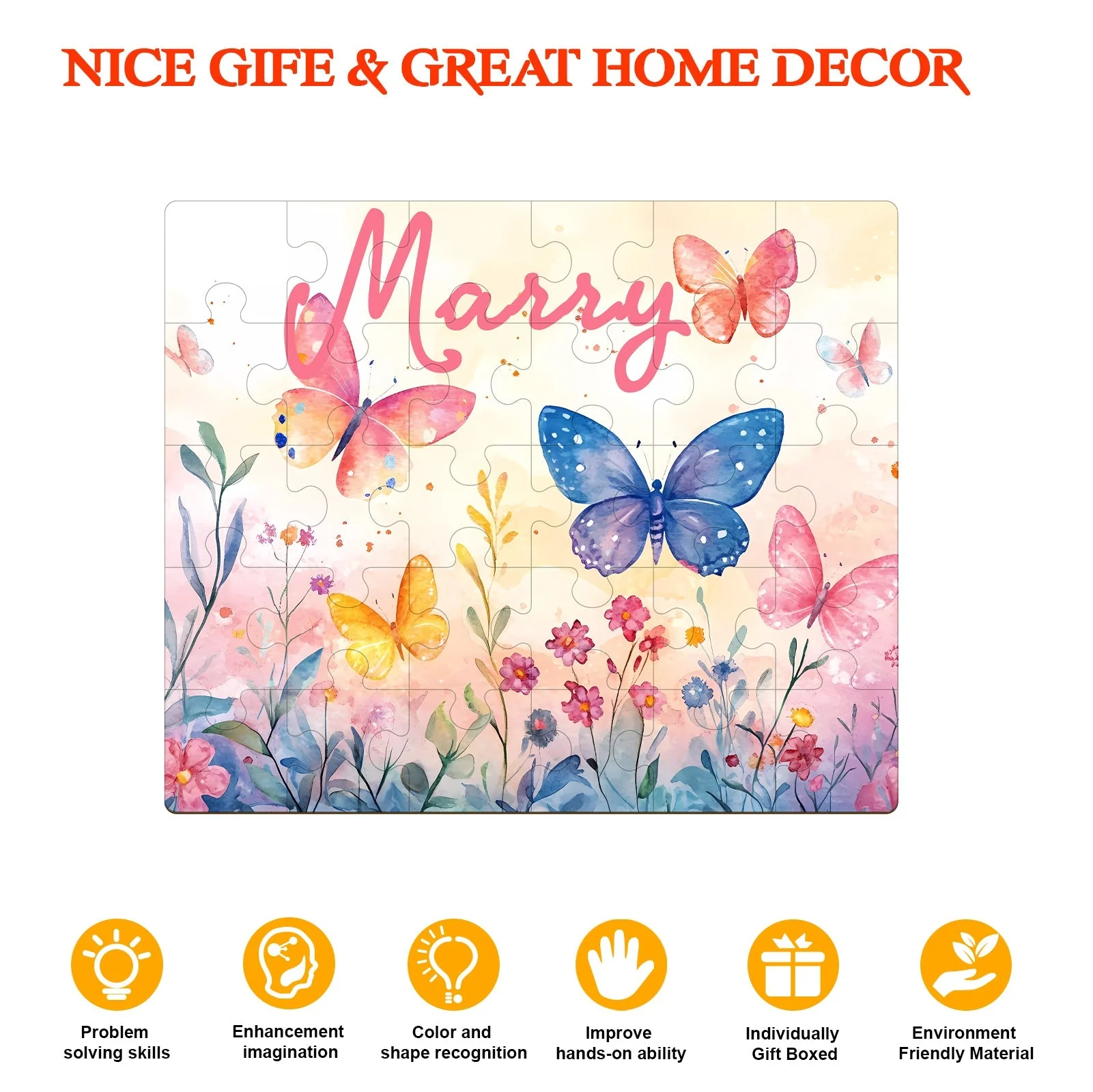 Personalized Wooden Baby Name Jigsaw Puzzle - Butterfly in the flowers - Image 5