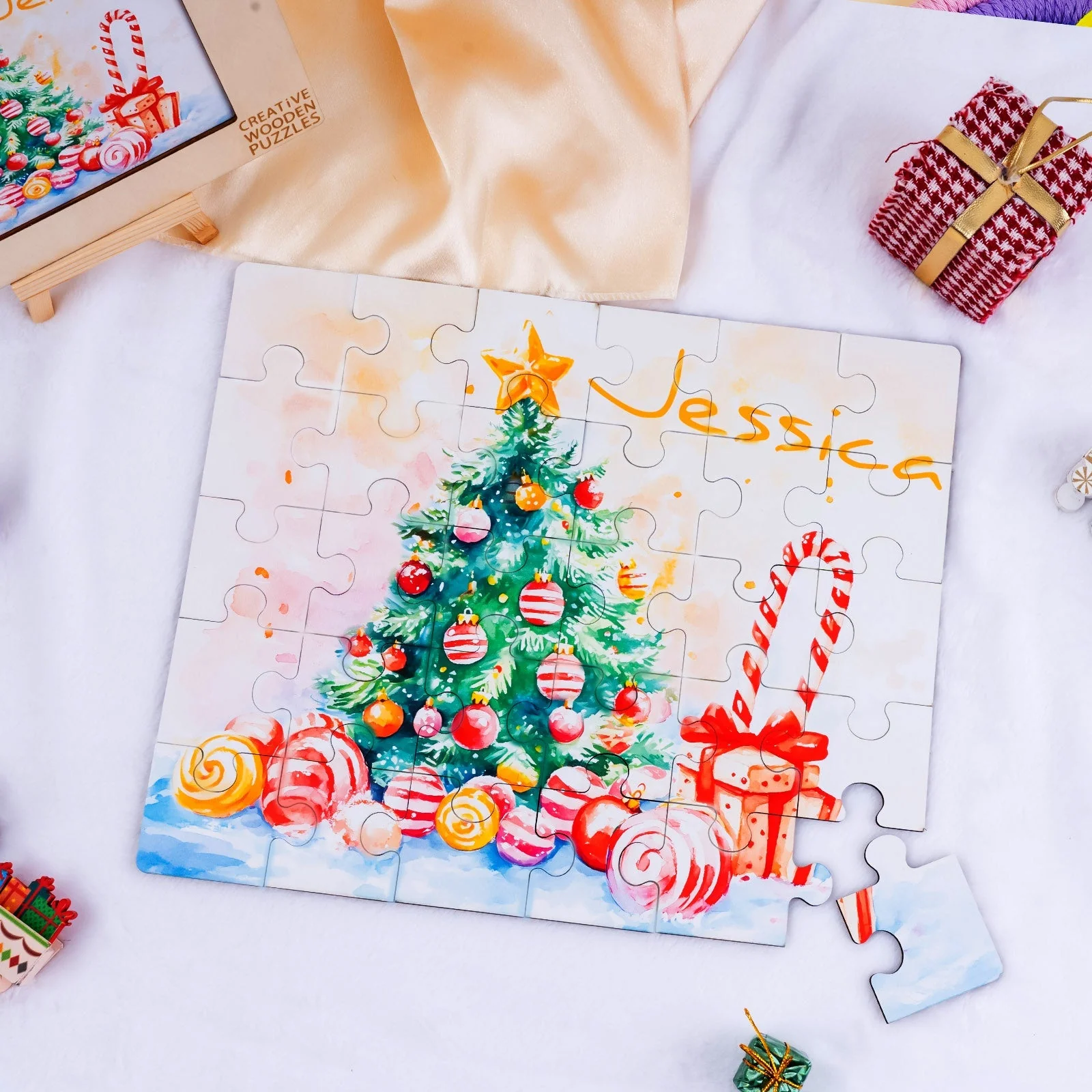 Personalized Wooden Baby Name Jigsaw Puzzle - Christmas Candy - Image 3