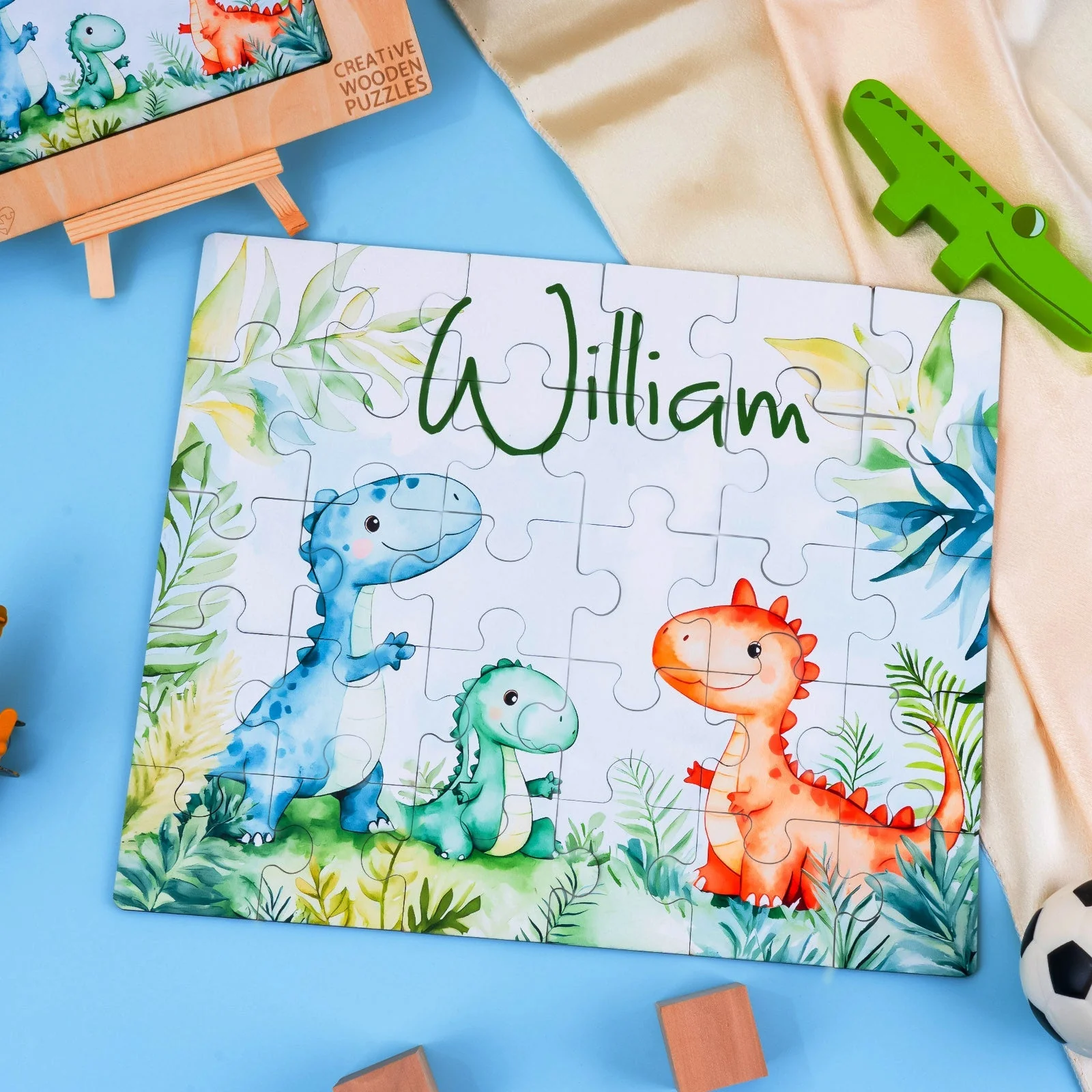 Personalized Wooden Baby Name Jigsaw Puzzle - Dinosaur Family - Image 3