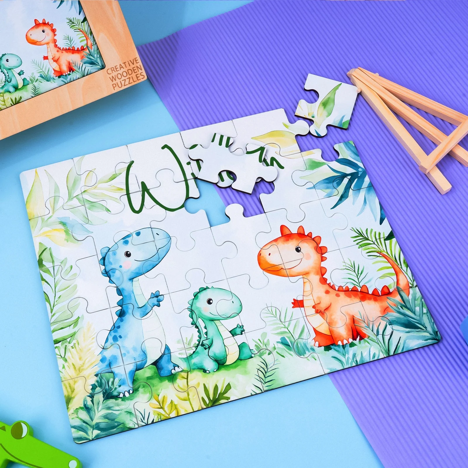 Personalized Wooden Baby Name Jigsaw Puzzle - Dinosaur Family - Image 4