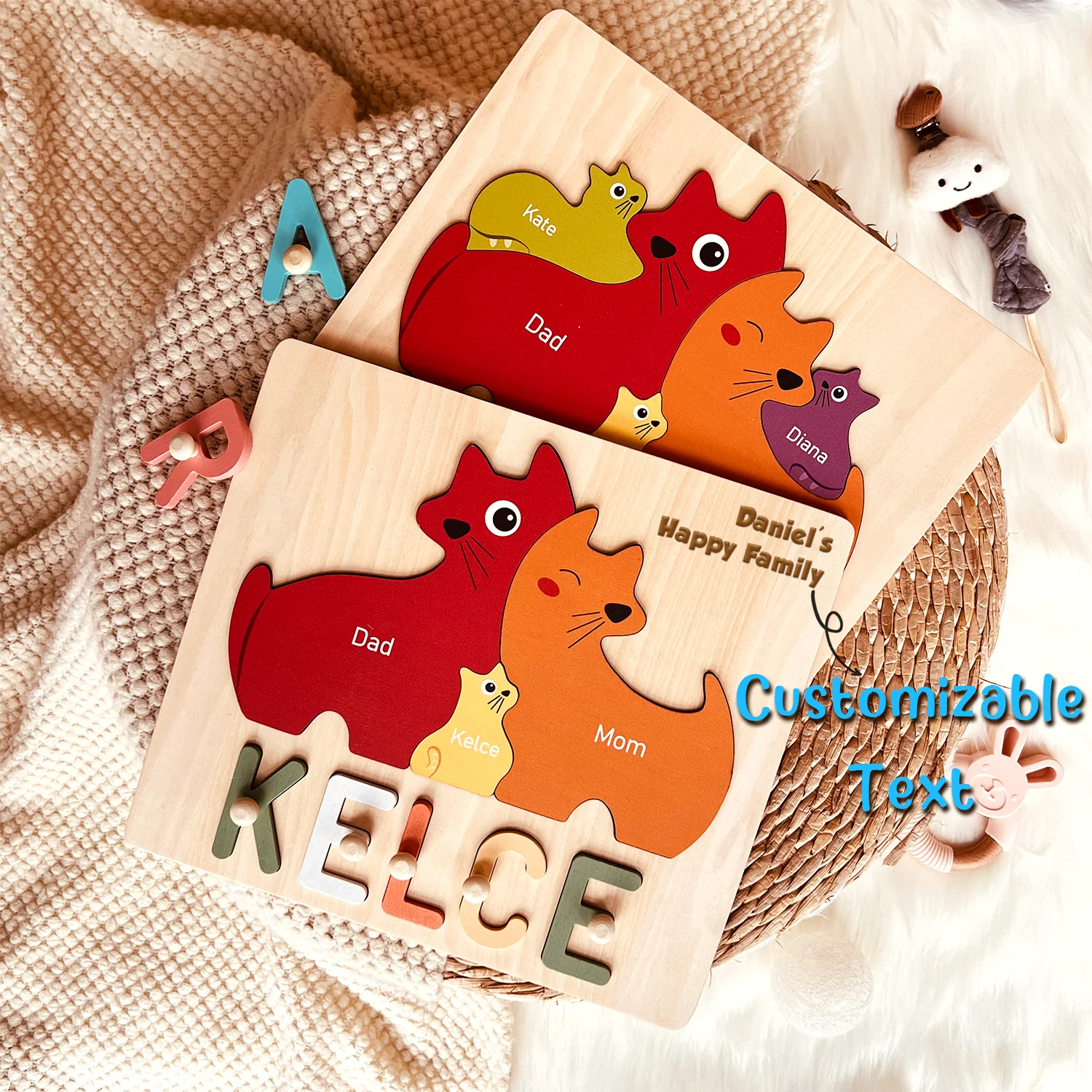 Personalized Wooden Baby Name Puzzle - Family Cat - Image 3