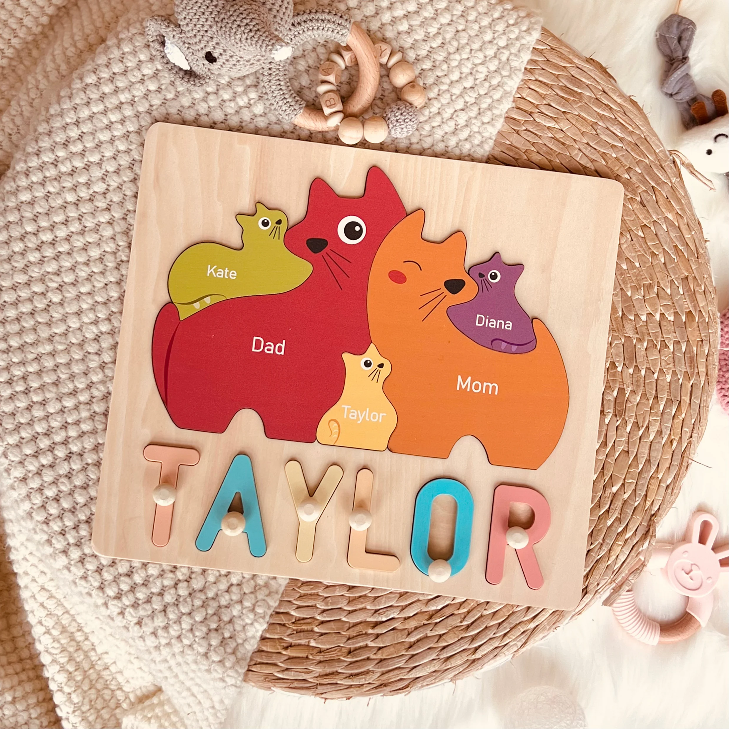 Personalized Wooden Baby Name Puzzle - Family Cat - Image 4