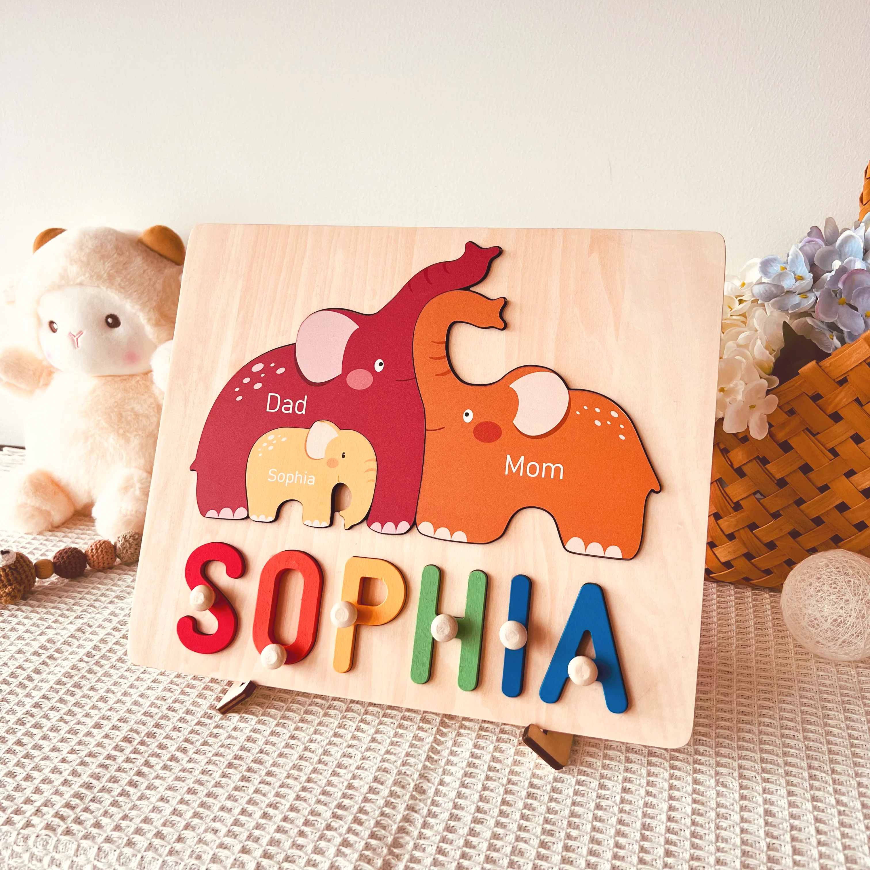 Personalized Wooden Baby Name Puzzle - Family Elephants - Image 3