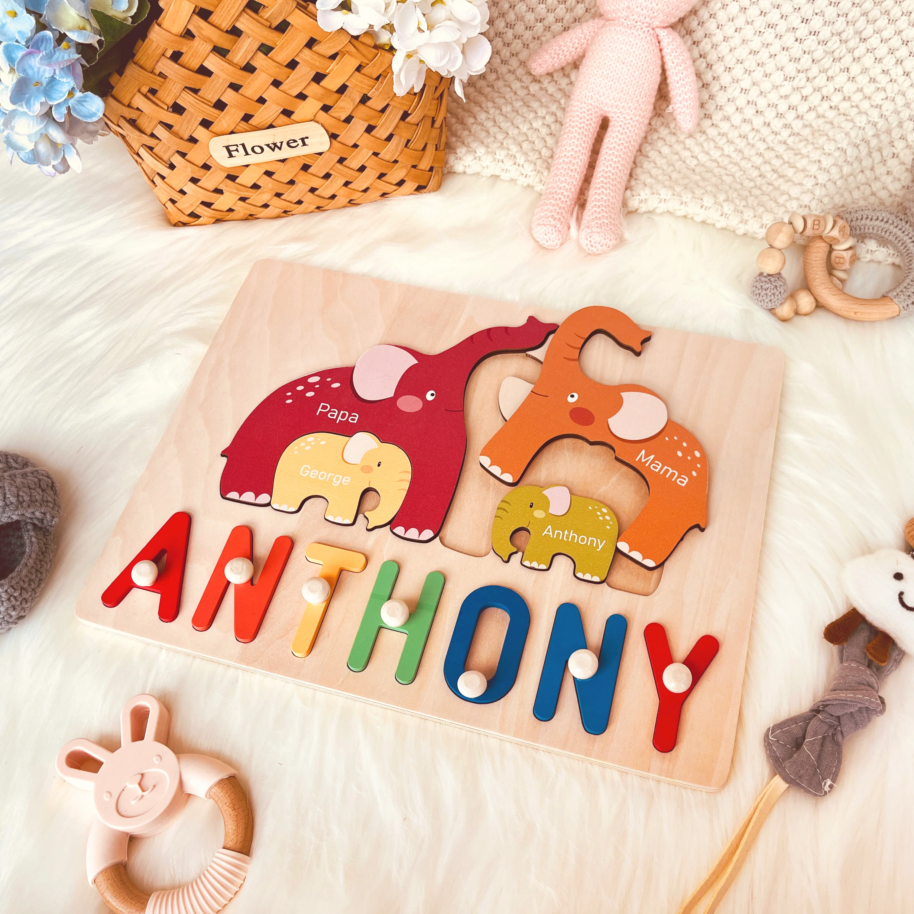 Personalized Wooden Baby Name Puzzle - Family Elephants - Image 4