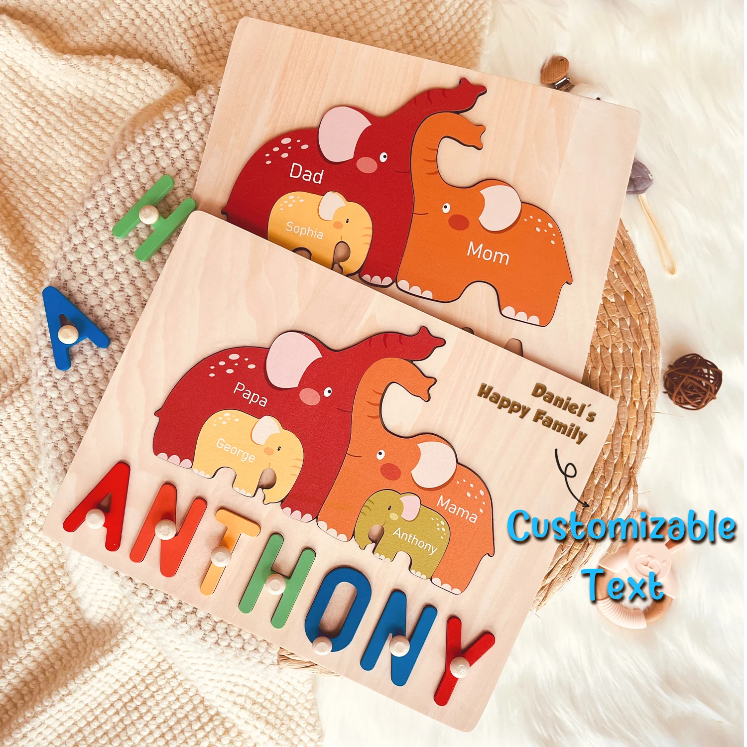 Personalized Wooden Baby Name Puzzle - Family Elephants - Image 5