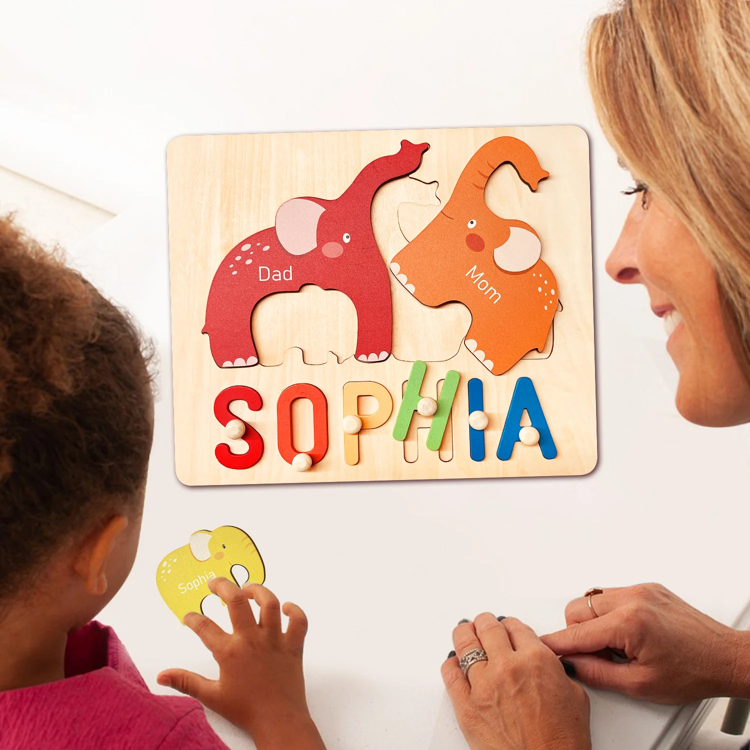Personalized Wooden Baby Name Puzzle - Family Elephants - Image 6