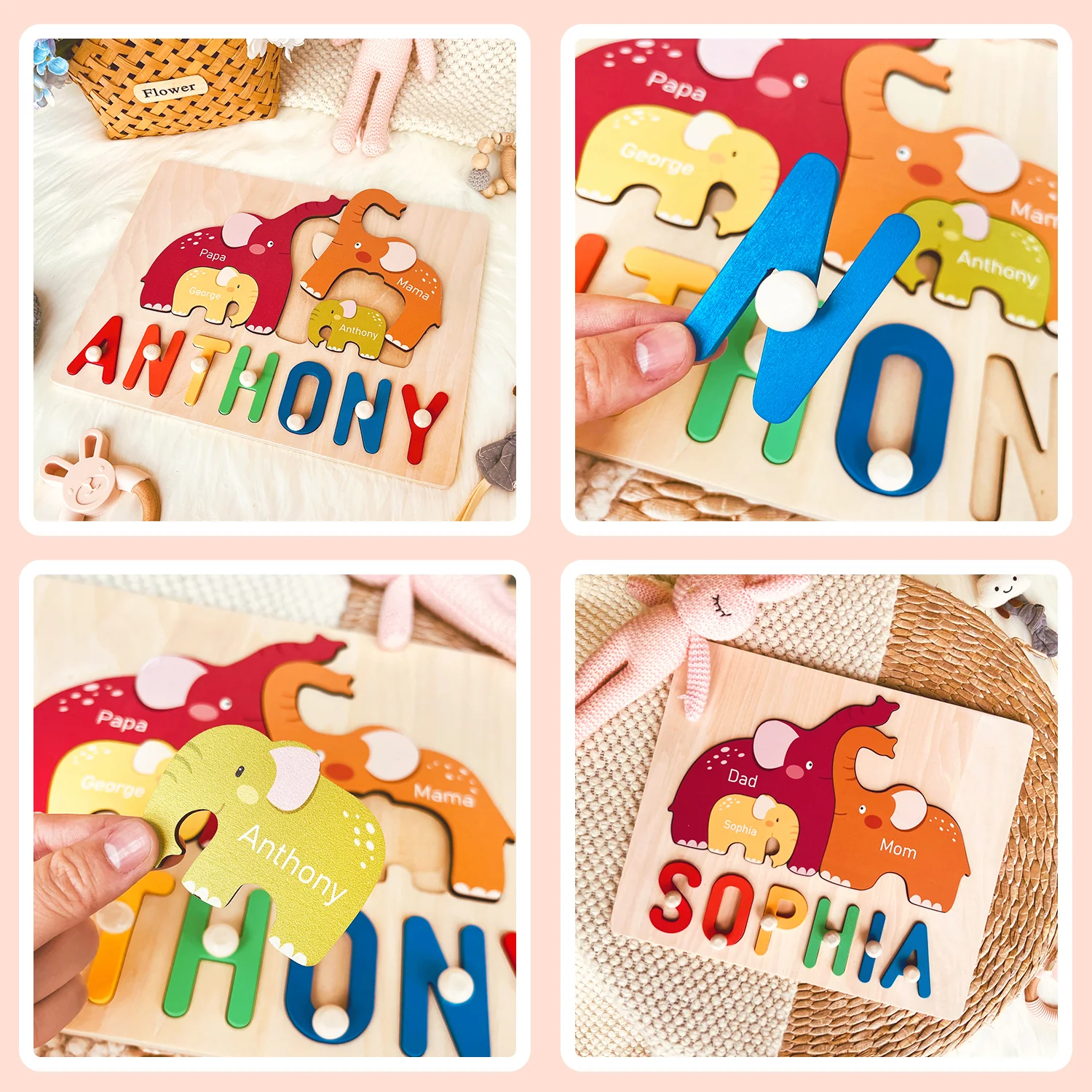 Personalized Wooden Baby Name Puzzle - Family Elephants - Image 7