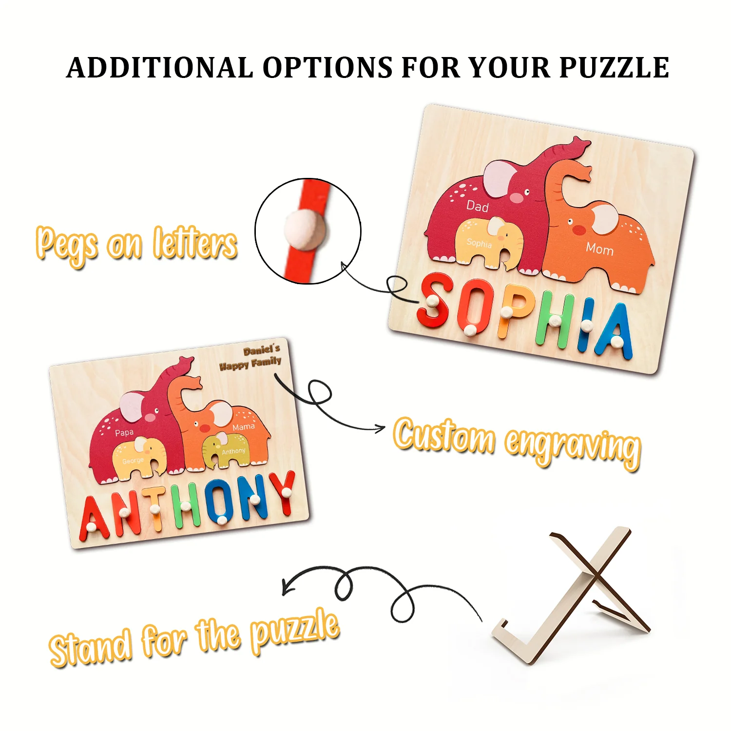 Personalized Wooden Baby Name Puzzle - Family Elephants - Image 8