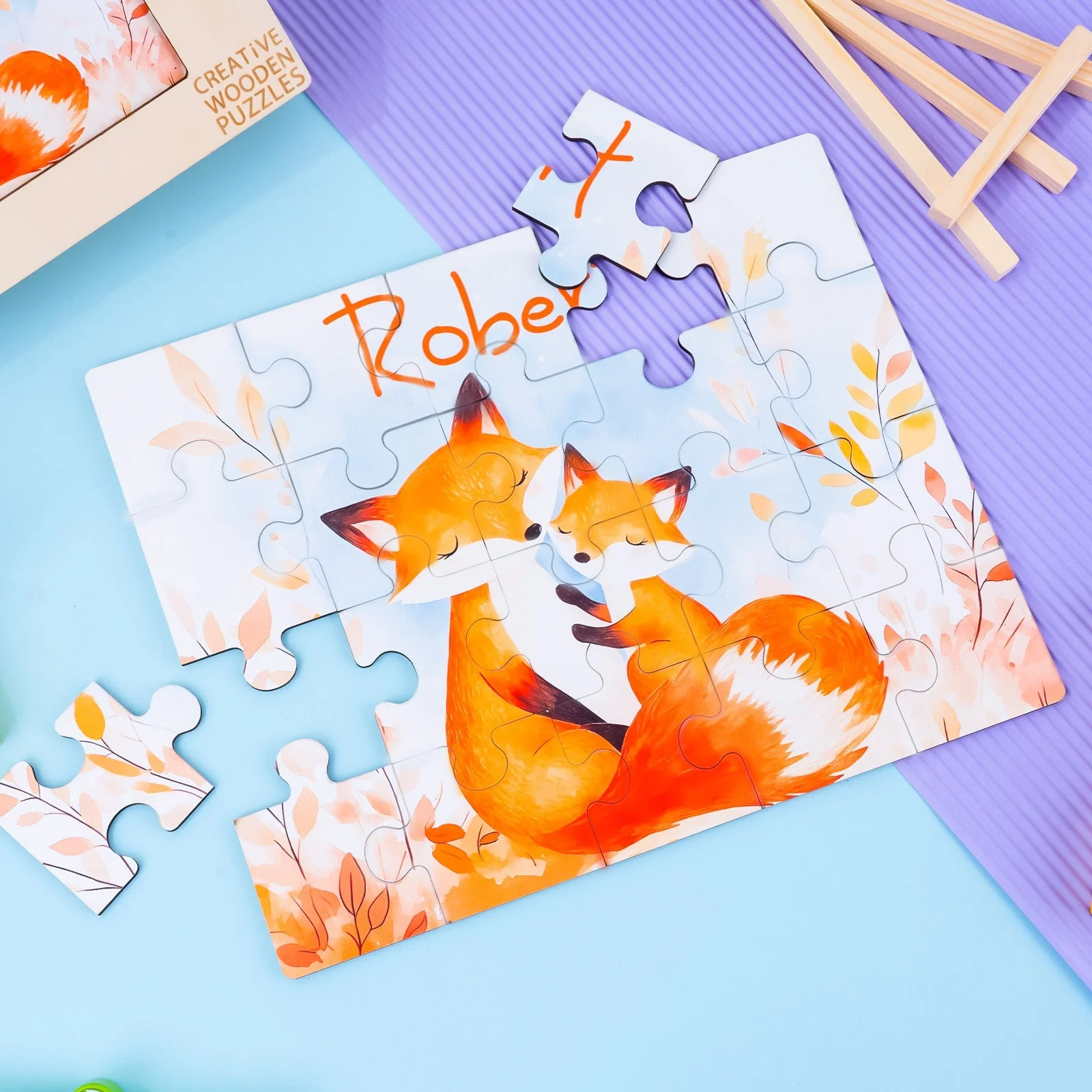 Personalized Wooden Baby Name Jigsaw Puzzle - Fox Family - Image 4